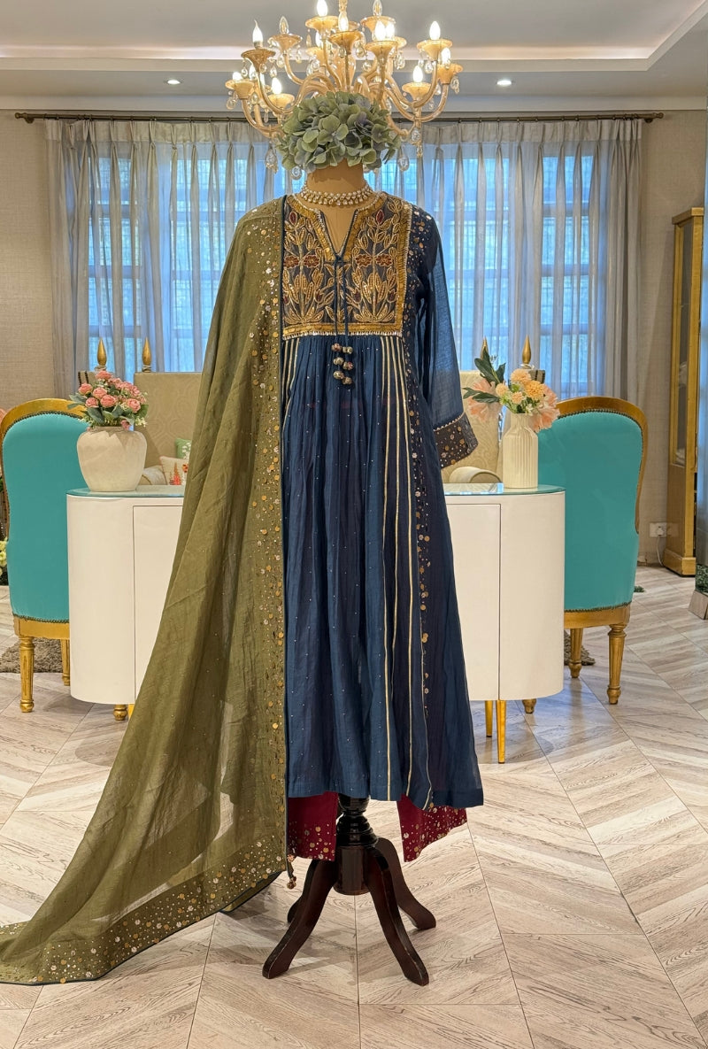 Blue Heavy Hand Embroidered Yoke Front Gather Anarkali Set
