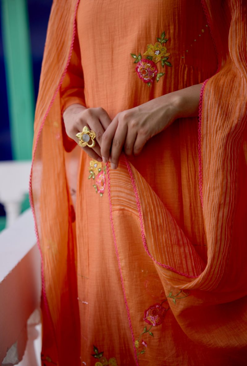 Orange Floral Embroidered Side Gather Vaidehi Kurta Set