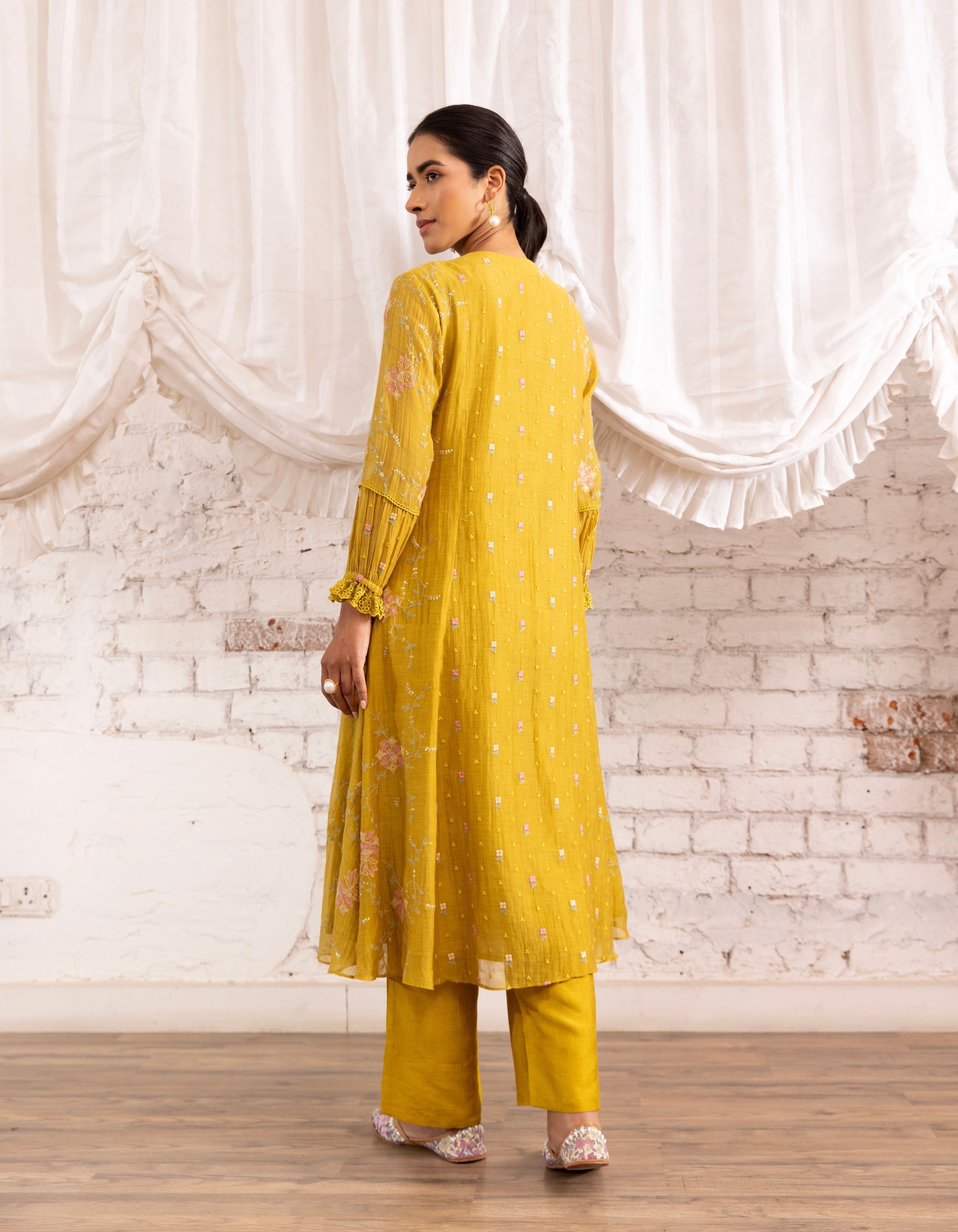 Mustard Threadwork Long Yoke Noor Kurta Set