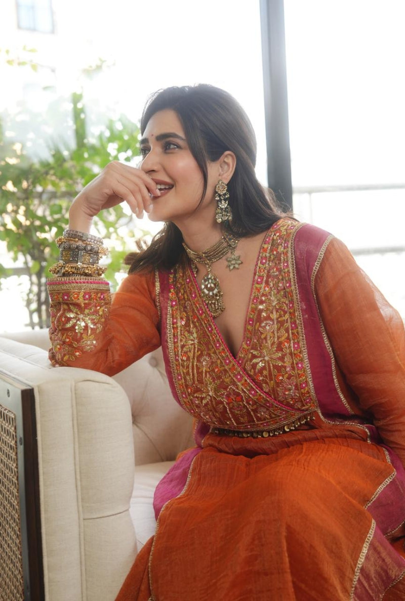 Karishma Tanna in Rust Embroidered Overlap Yoke Gulbano Anarkali Set