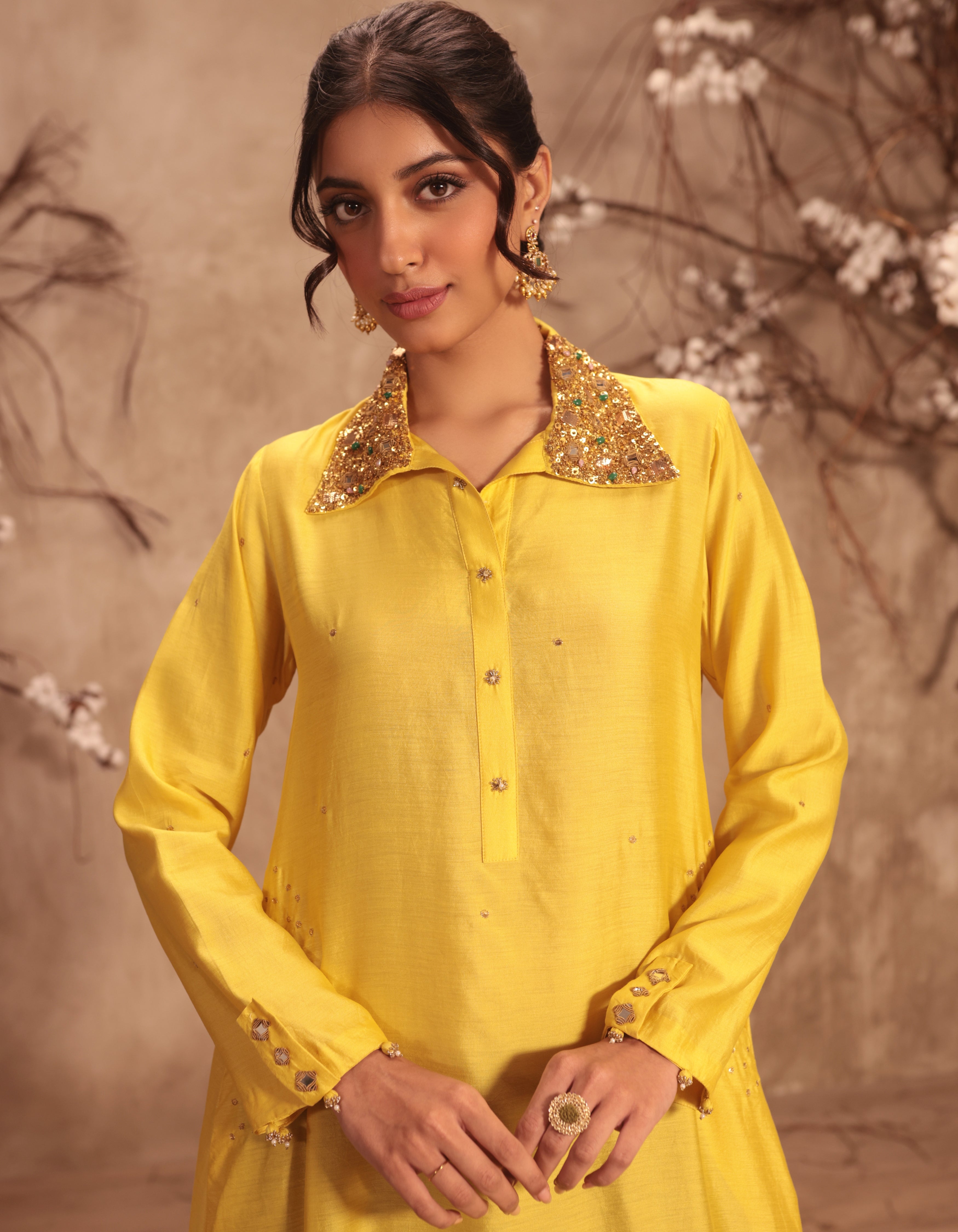 Yellow Heavy Collar Rani Kurta Set