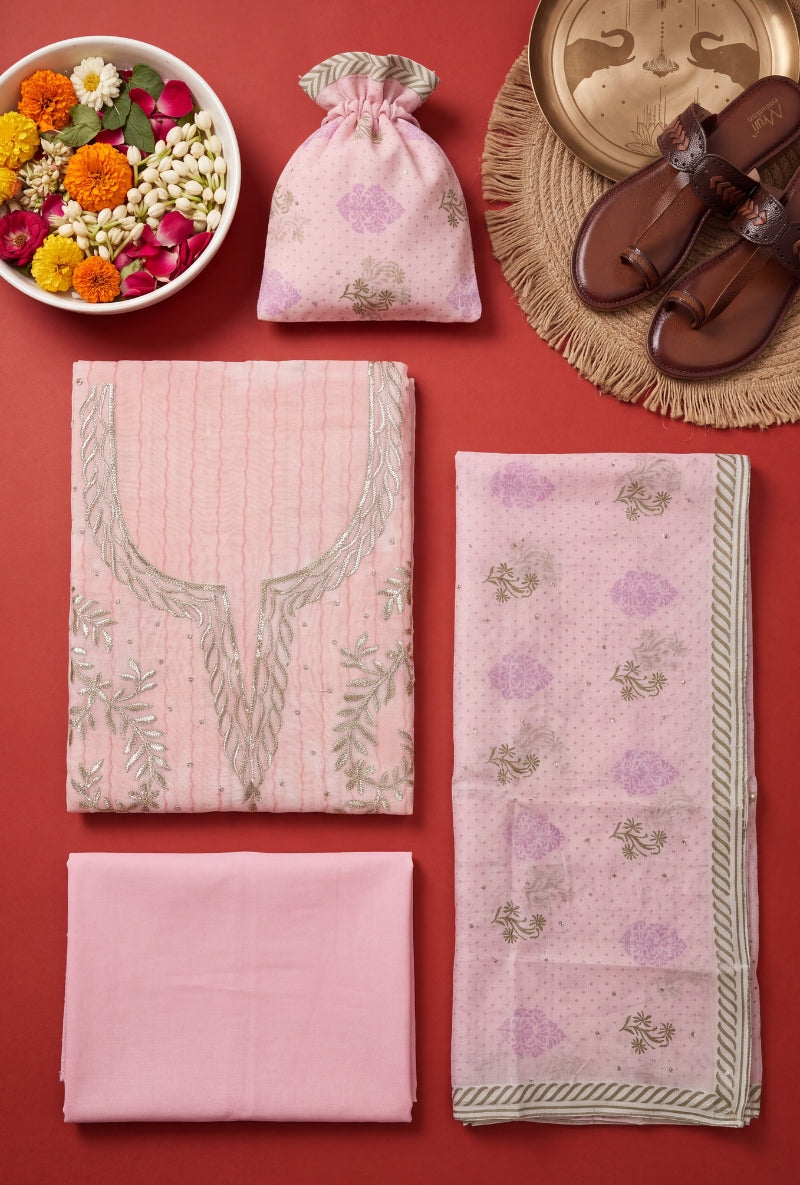 Gota Work Yoke Block Print Unstitched Suit Set