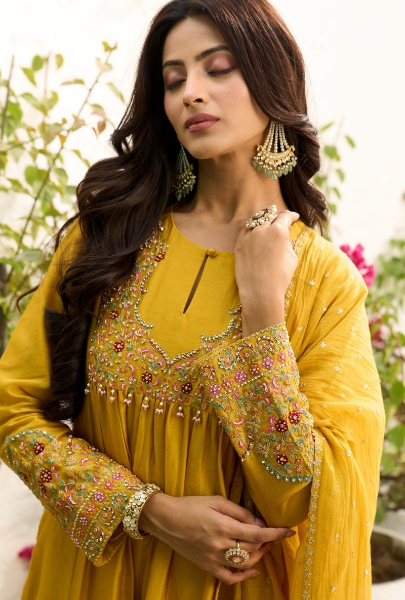 Yellow Front Gather Sabah Anarkali Set