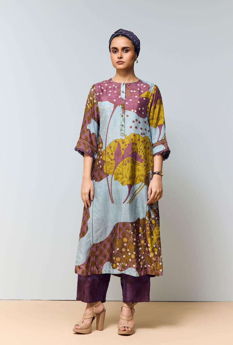 Greyish Blue Hand Printed Kaftan Sleeves  Eden Co-Ord Set
