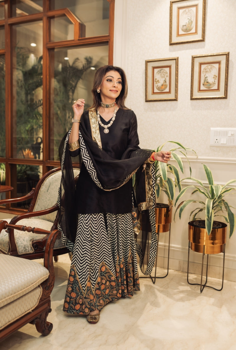 Meghna Nayyar in  Black Block Print Sharara Set