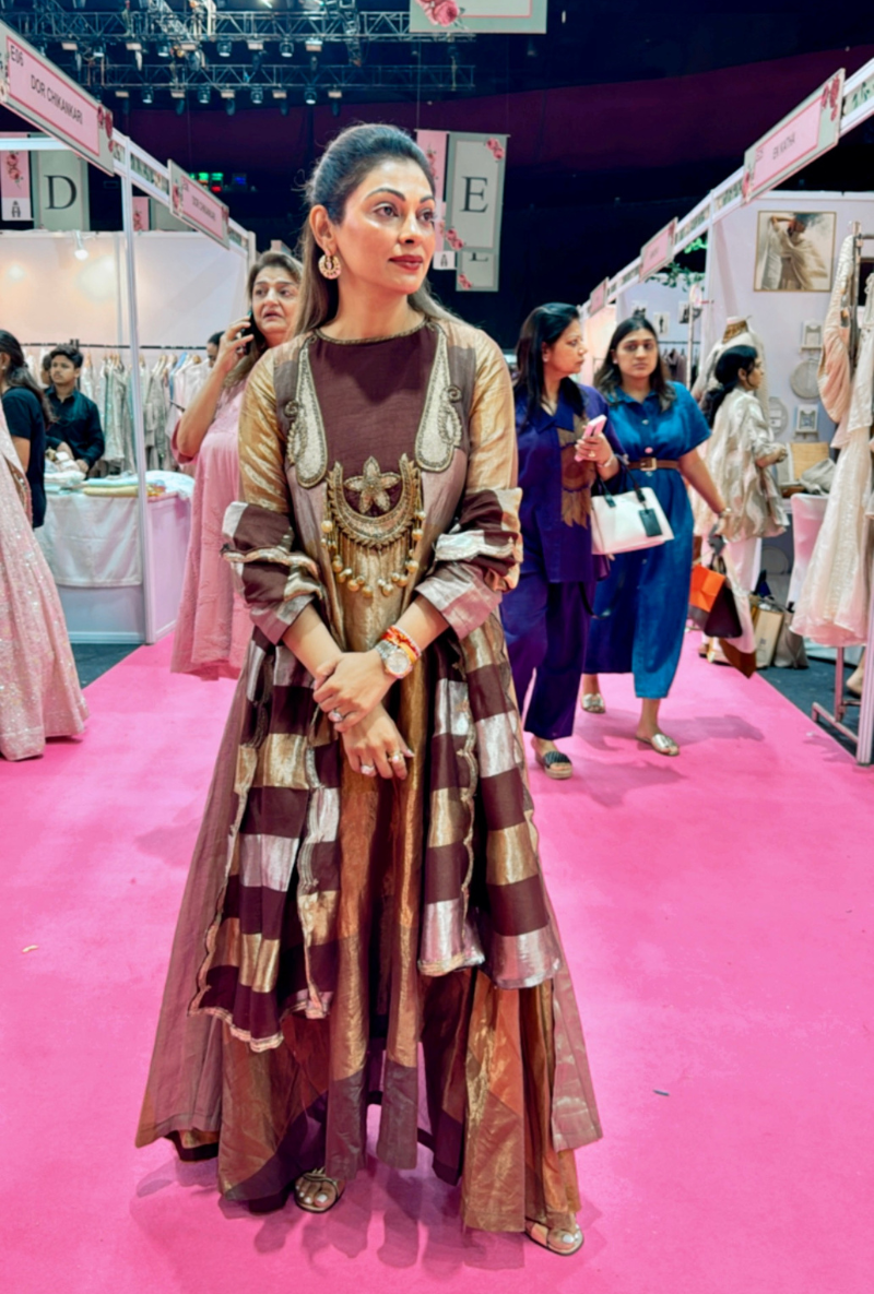 Meghna Nayyar in Brown Tissue Yoke High Low Long Kurta Set