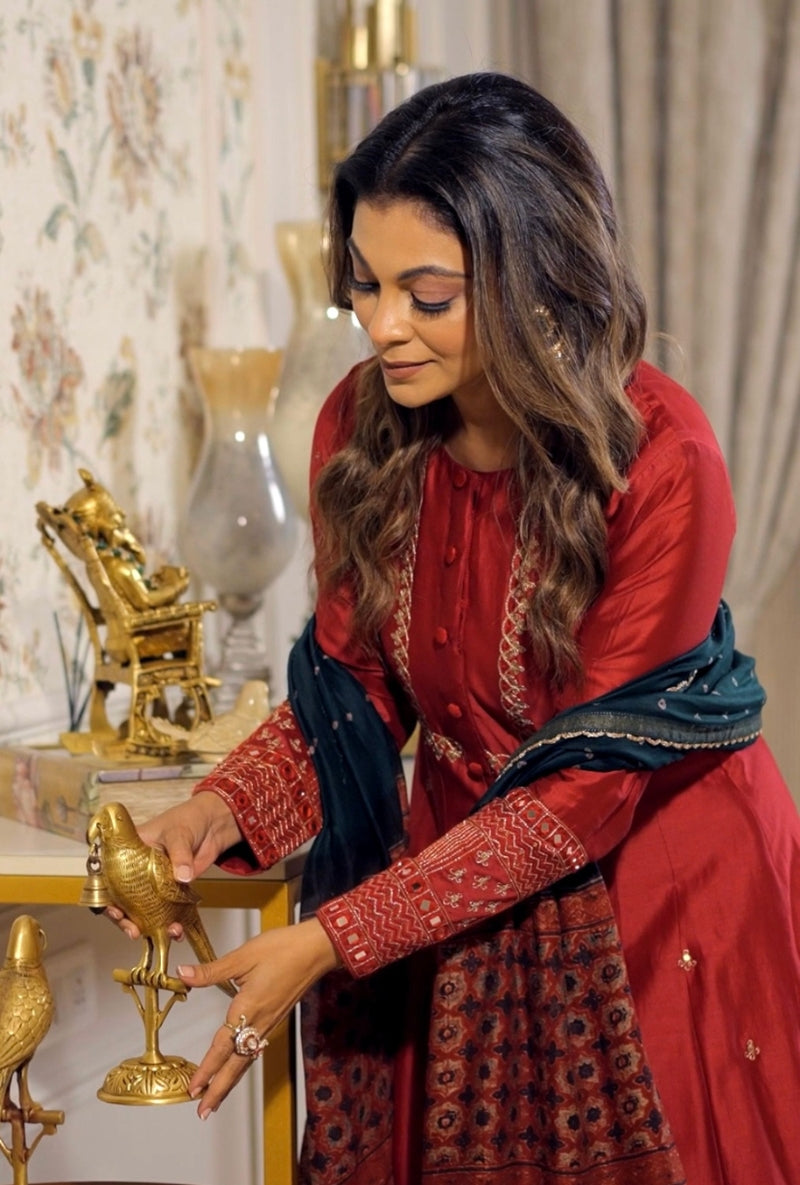 Meghna Nayyar in Red Antique Sequins Fiza Kurta Set