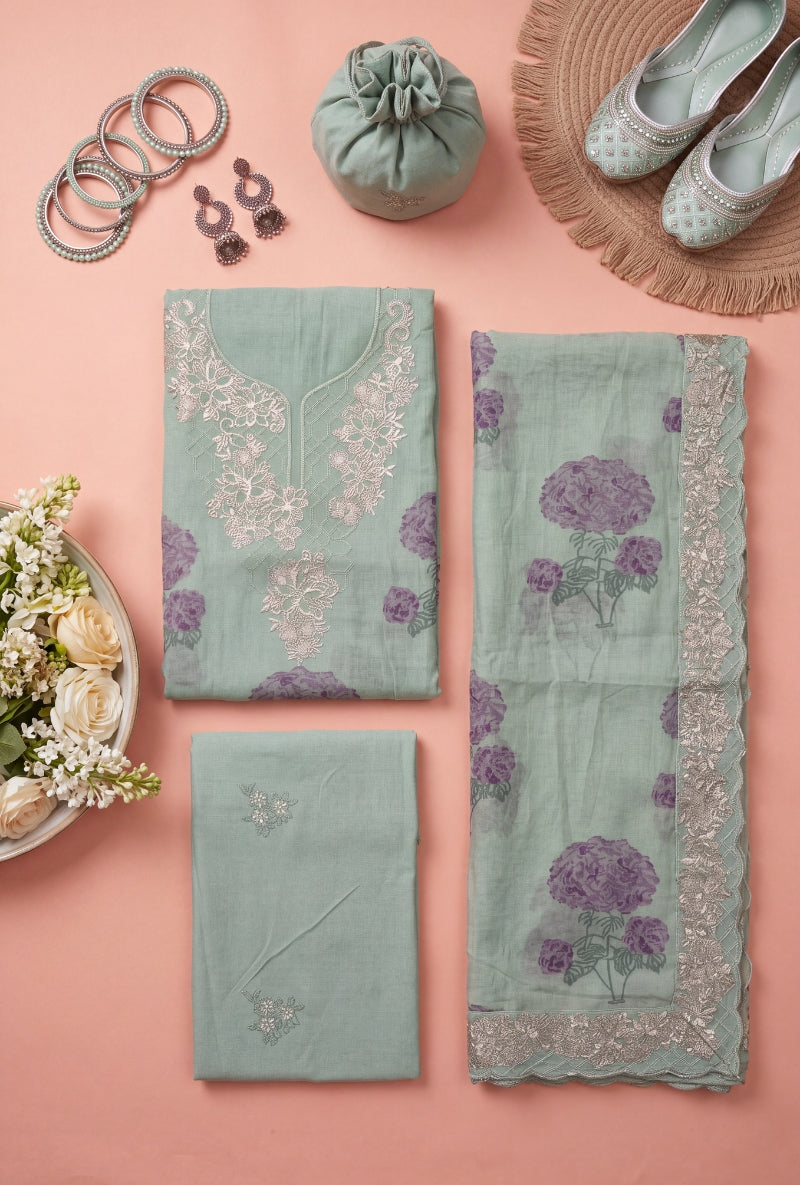 Foil work Yoke Block Print Unstitched Suit Set