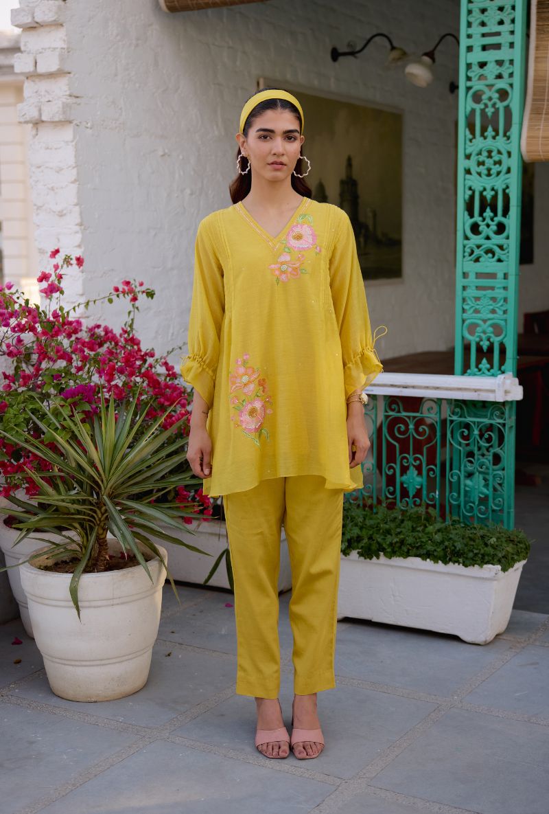 Mustard Floral Embroidered With Pintucks Vaidehi Co-ord Set