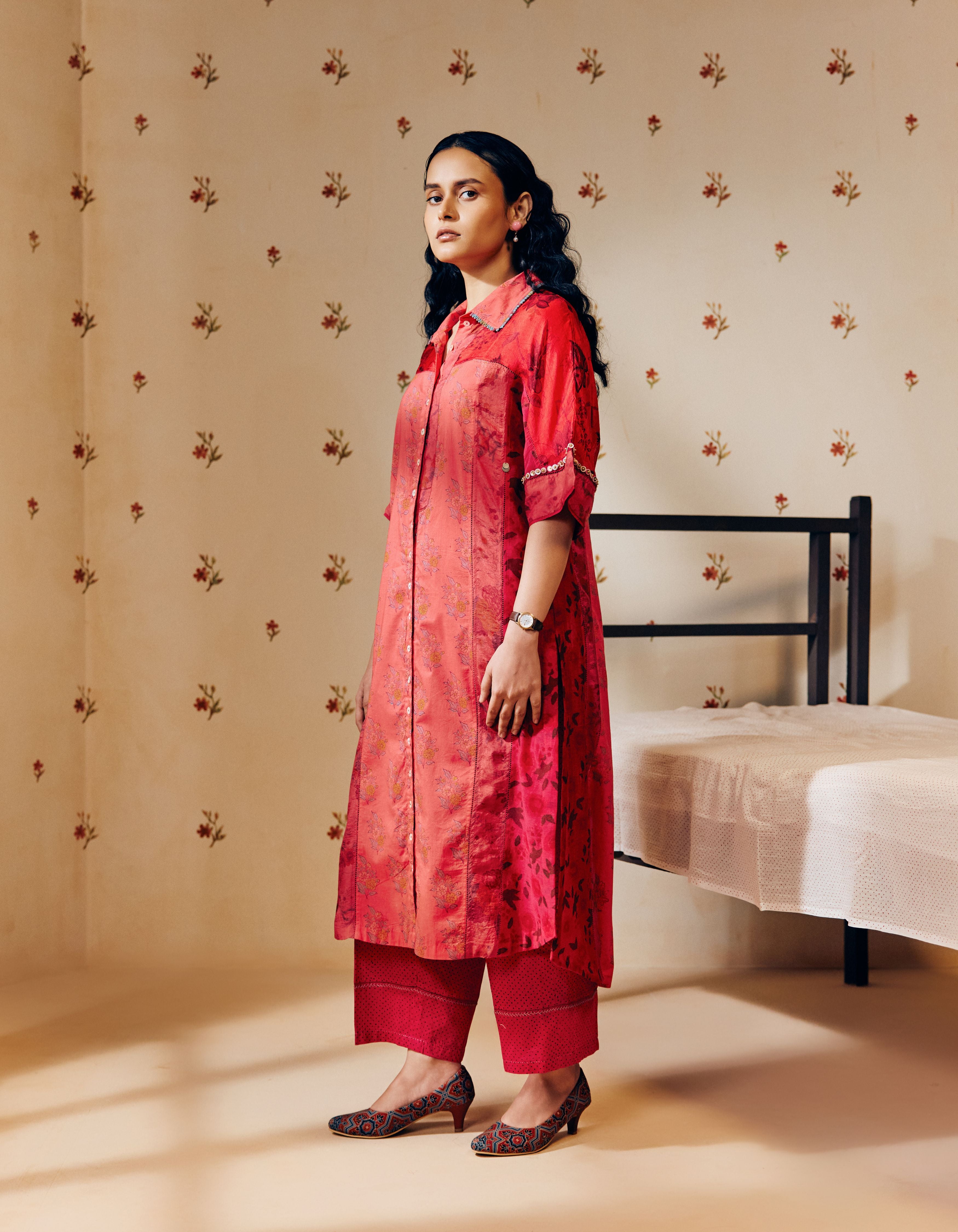 Rani Pink Hand Block Shirt Collar Printed Mia Kurta Set
