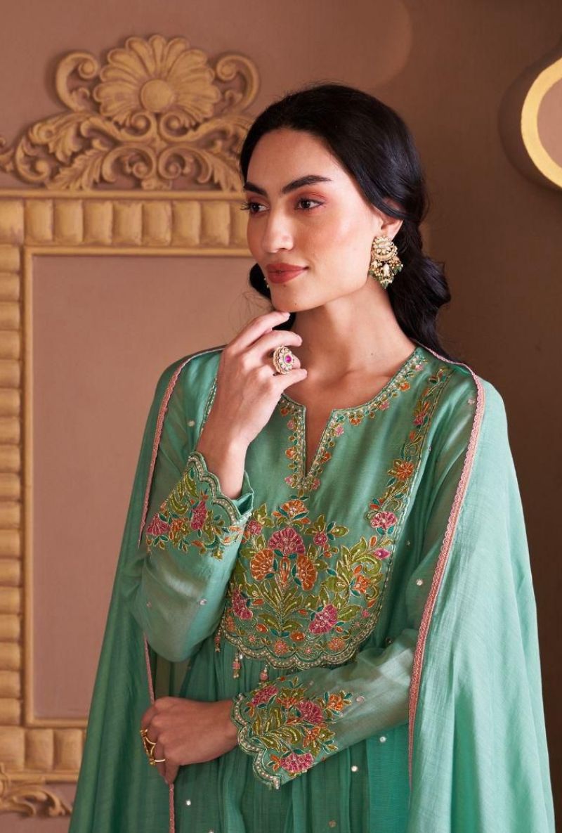 Sakshi Sindhwani in Aqua Resham Front Pleat Kurta Set