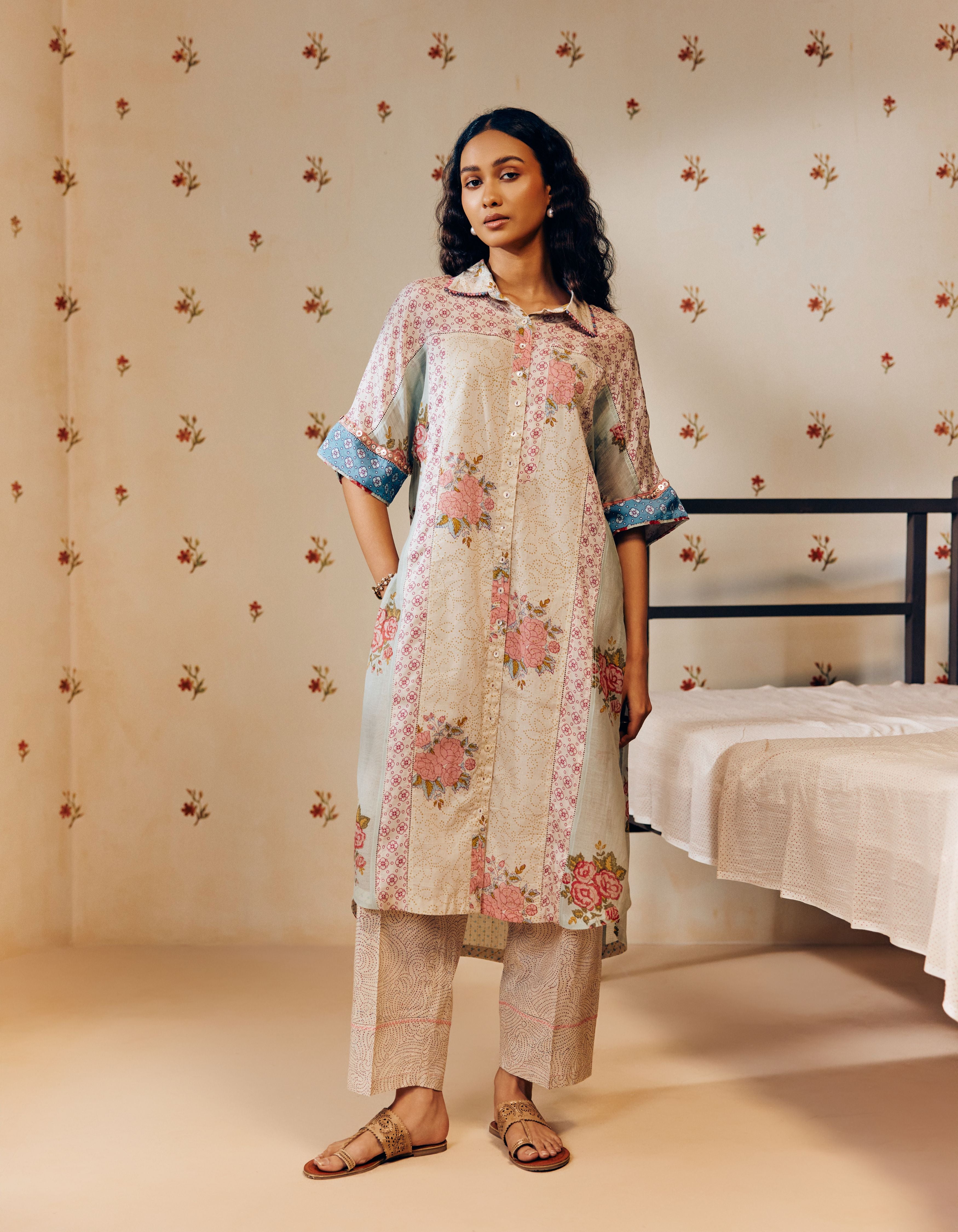Multi Colour Pink Front Button Placket Floral Hand Block Printed Multi Panel Mia Kurta Set
