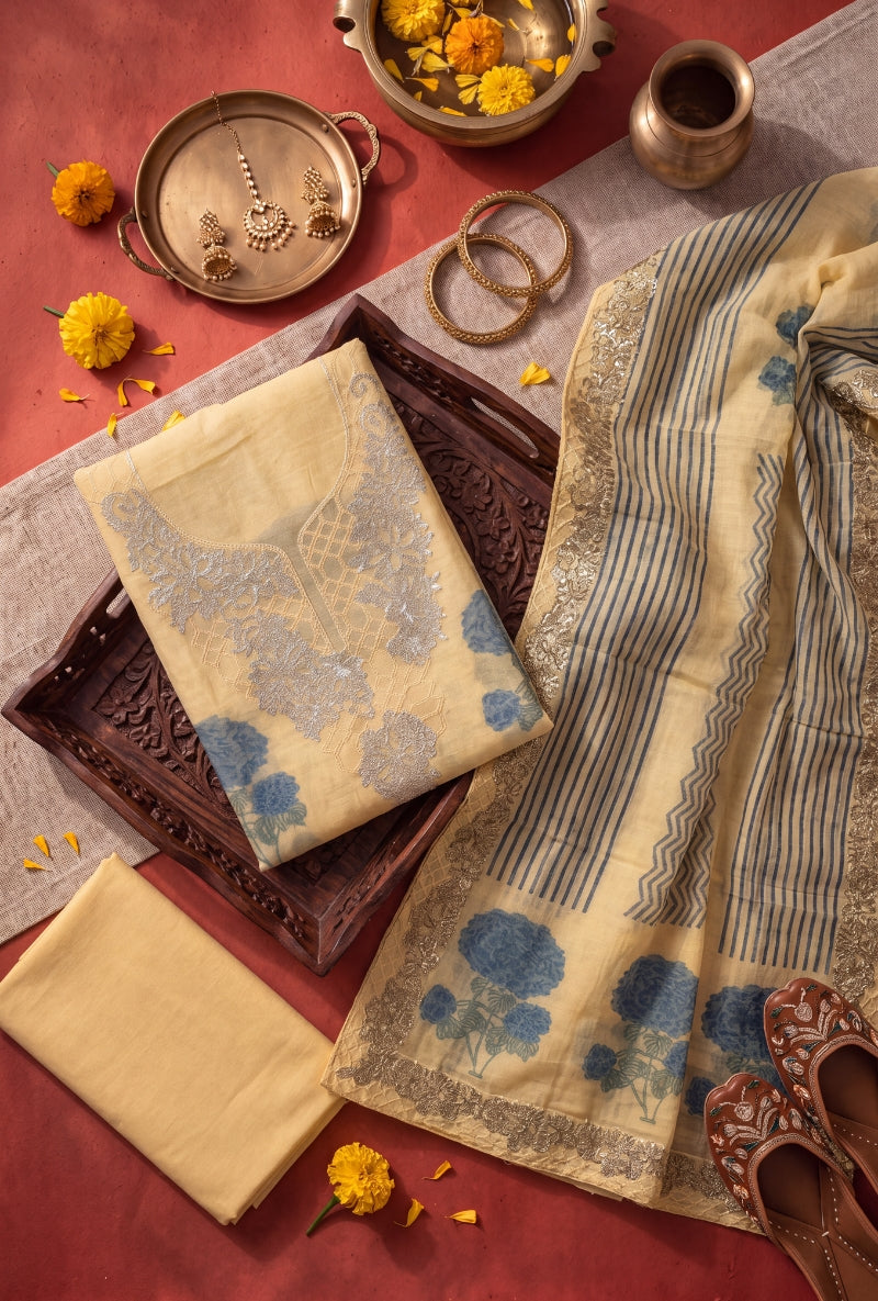 Foil work Yoke Block Print Unstitched Suit Set