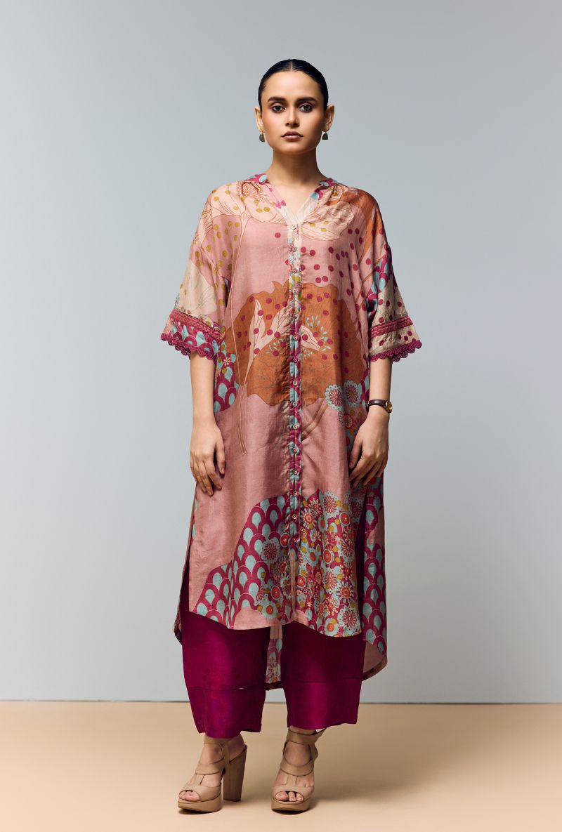 Magenta Pink Hand Printed Mandarin Collar Eden Co-ord Set