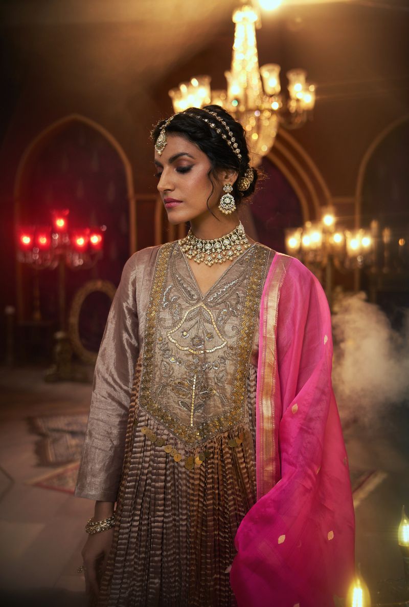 Metallic Pink Crushed Long Yoke Kainaat 2.0 Anarkali Set
