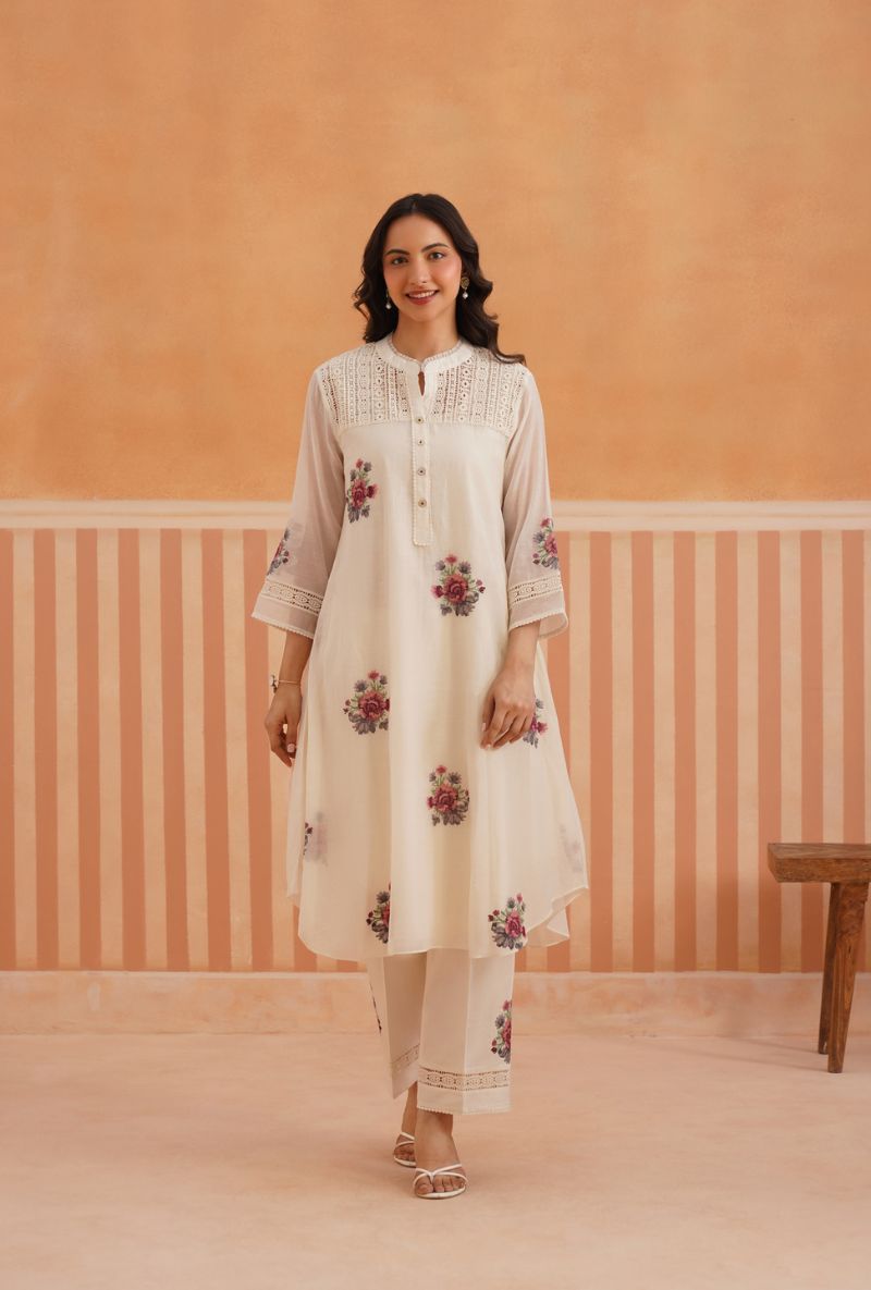 Off White Cross Stitch Embroidery Pehar Kurta Set