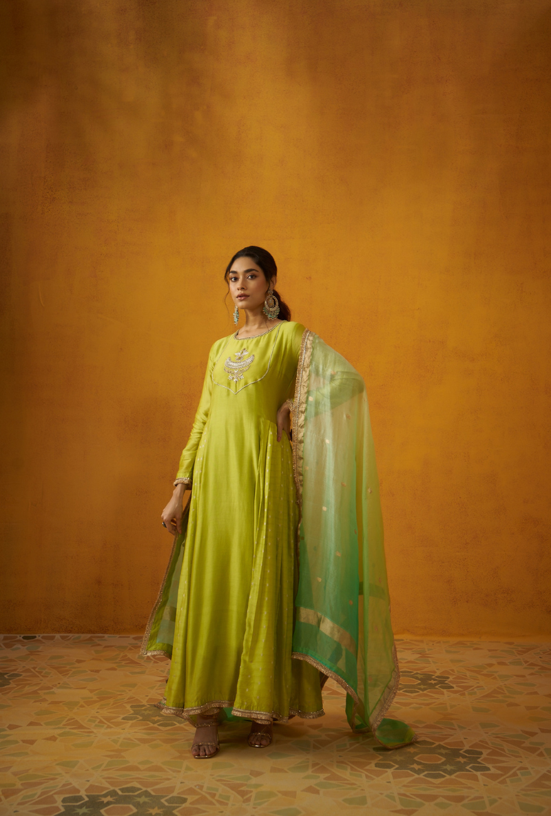 Green Kalidaar Embroidery Banarasi Kainaat Anarakali Set