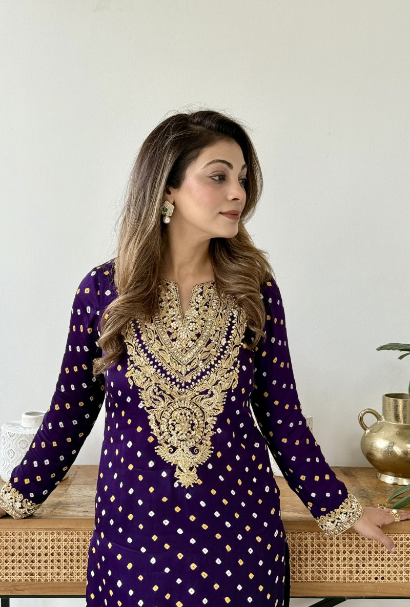 Meghna Nayyar in Purple Bandhej Rasiya Kurta Set