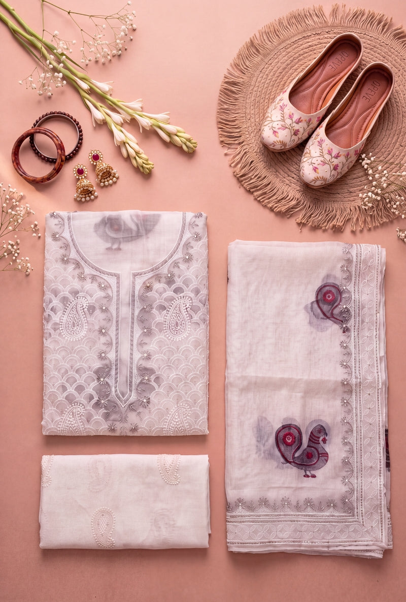 All Over Block Print Lucknowi Embroidery Unstitched Suit Set