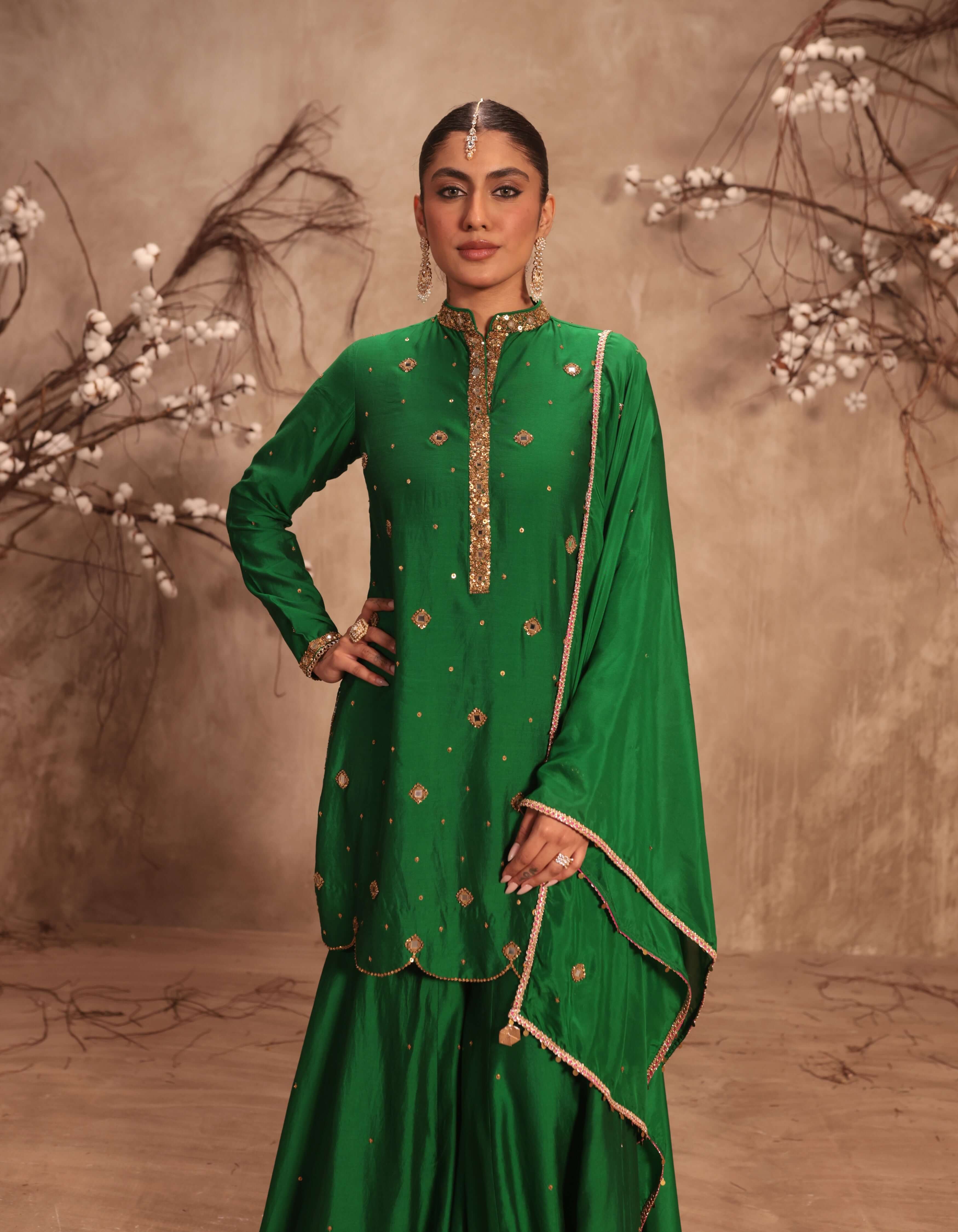 Green Mirror Work Rani Sharara Set