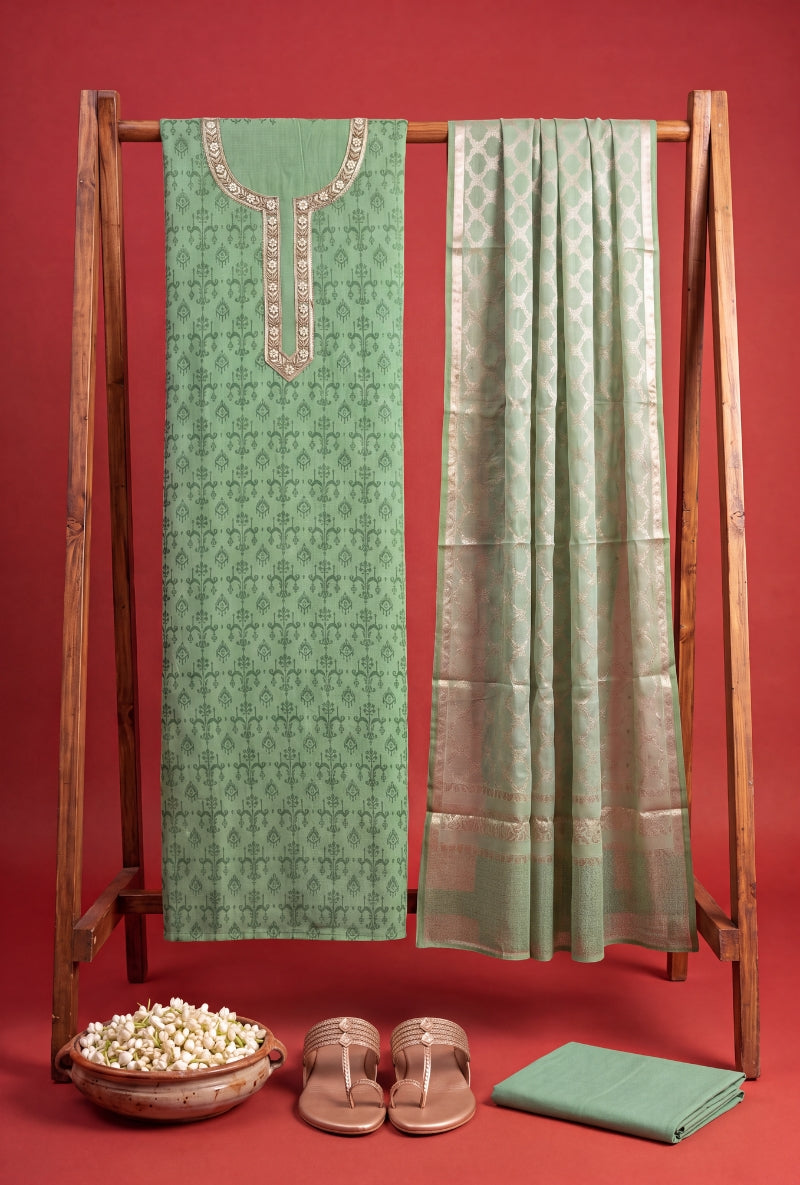 Zari and Moti Neck Block Print Unsitched Suit Set