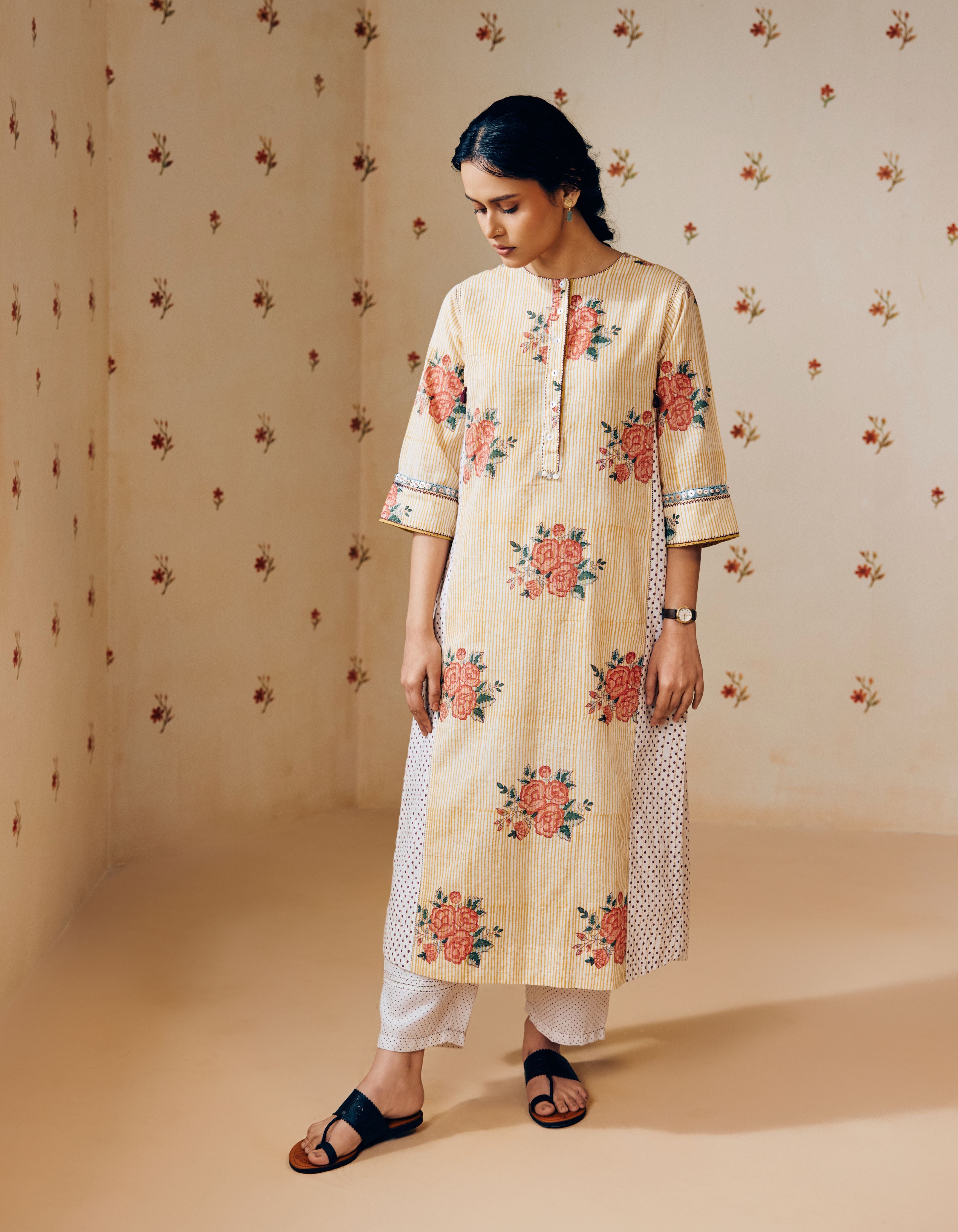 Mustard Stripes and Overlap Rose Hand Block Print Mia Kurta Set