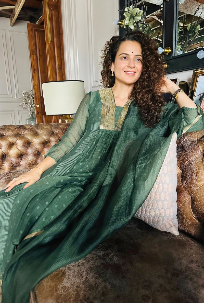 Kangna Ranaut in Sage Green Jackquard Panel Ruhi Kurta Set