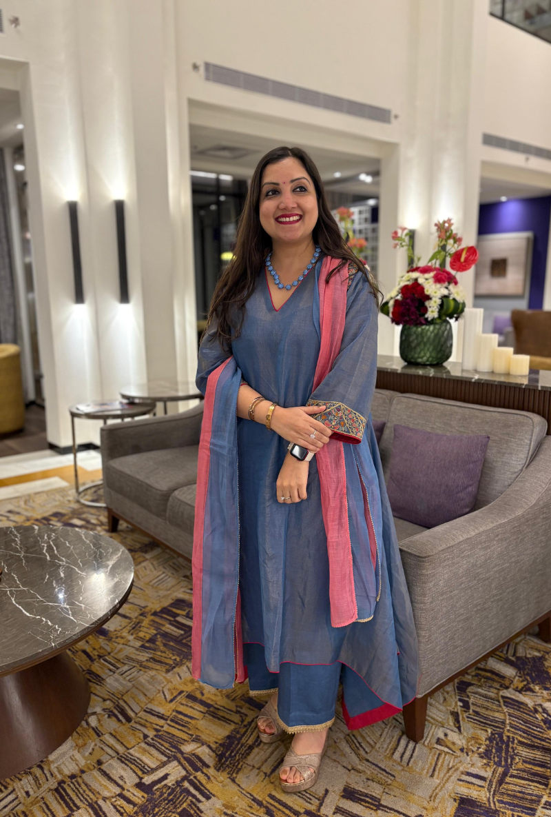 Madhuri Grover in Blue Handloom Cotton Zari Tissue Embroidered Kiara Kurta Set