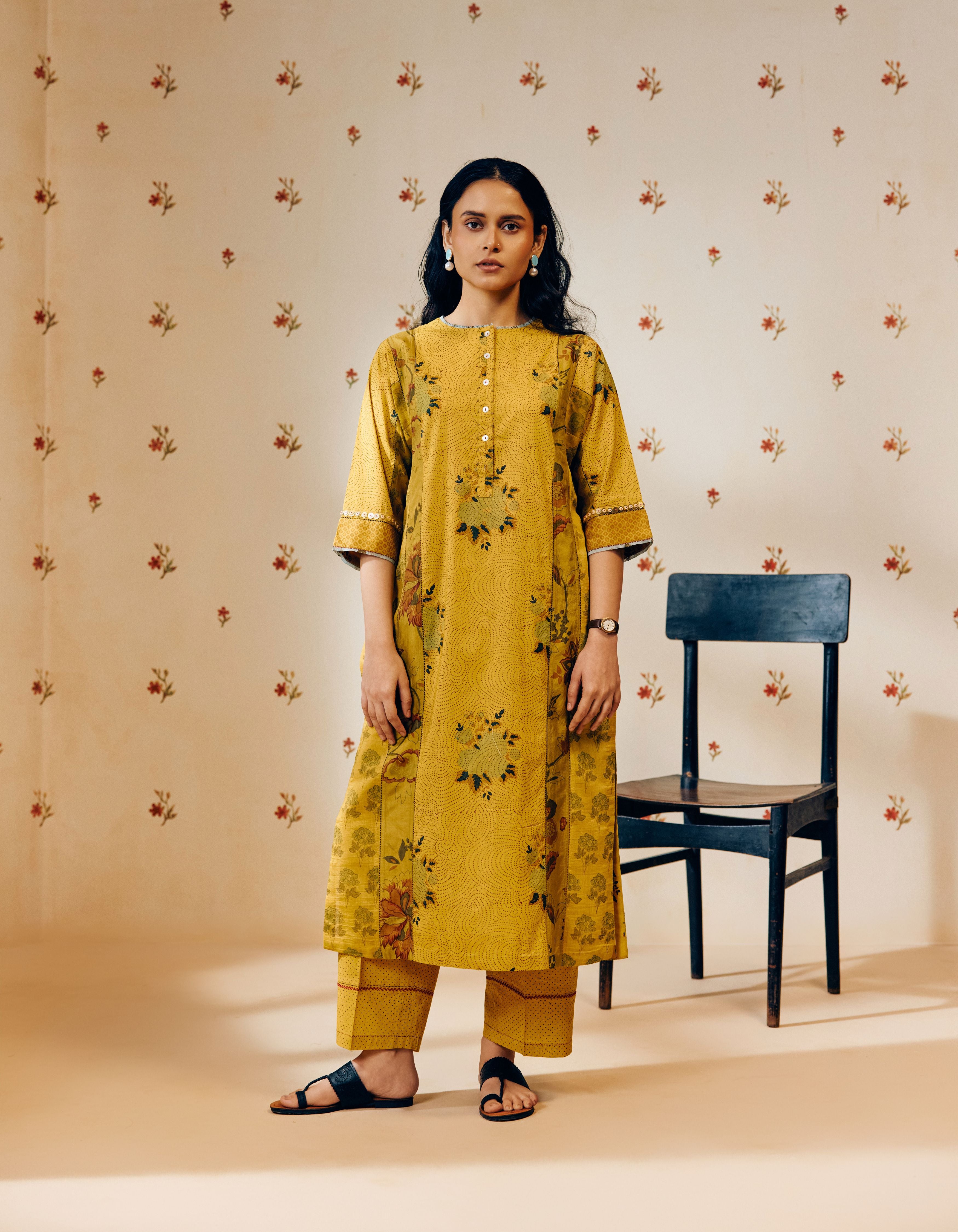Mustard Hand Block Printed Multi Panel Mia Kurta Set