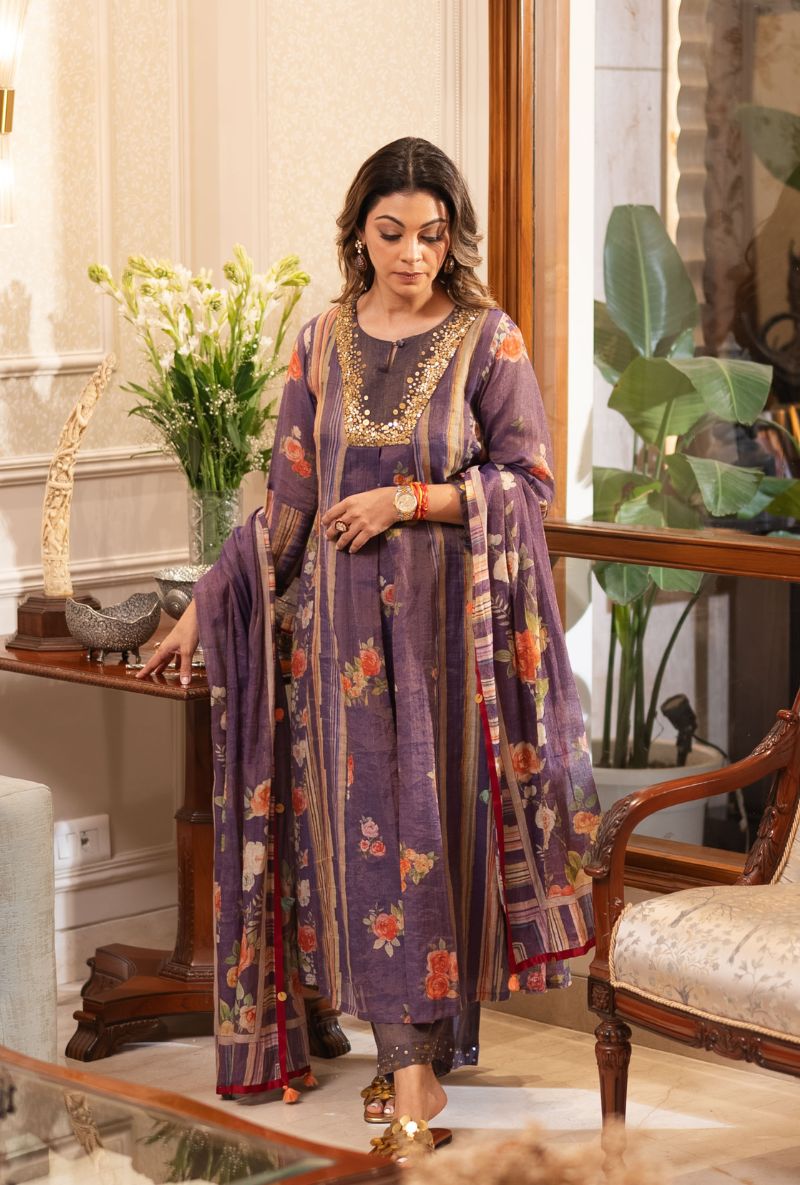 Meghna Nayyar in Purple Sequin Yoke Bageecha Anarkali Set