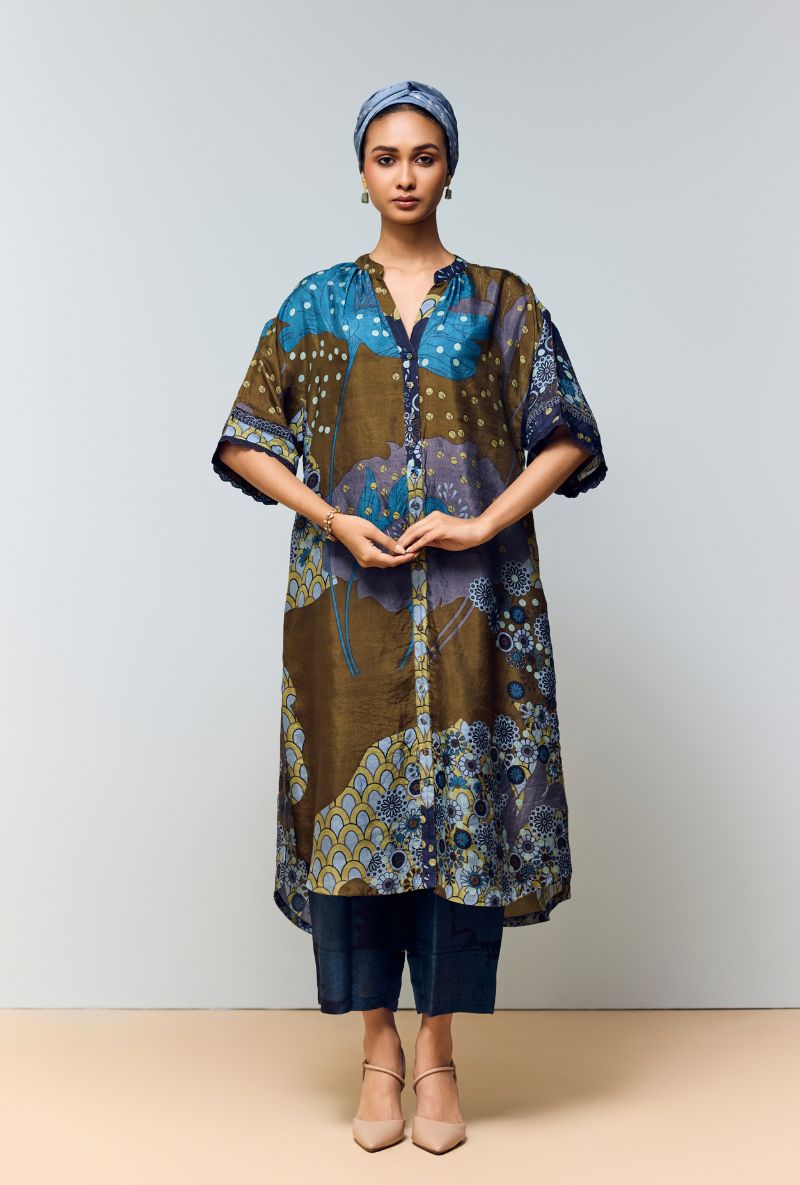 Midnight Blue Hand Printed Full Placket  Eden Co-Ord Set