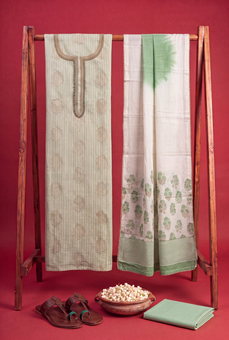 Banarsi Weaving Stripes Block Print Unsitched Suit Set