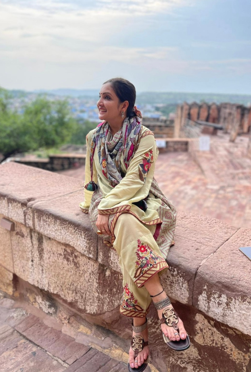Madhuri Grover in Earth Green Side Gathered Noorie Kurta Set