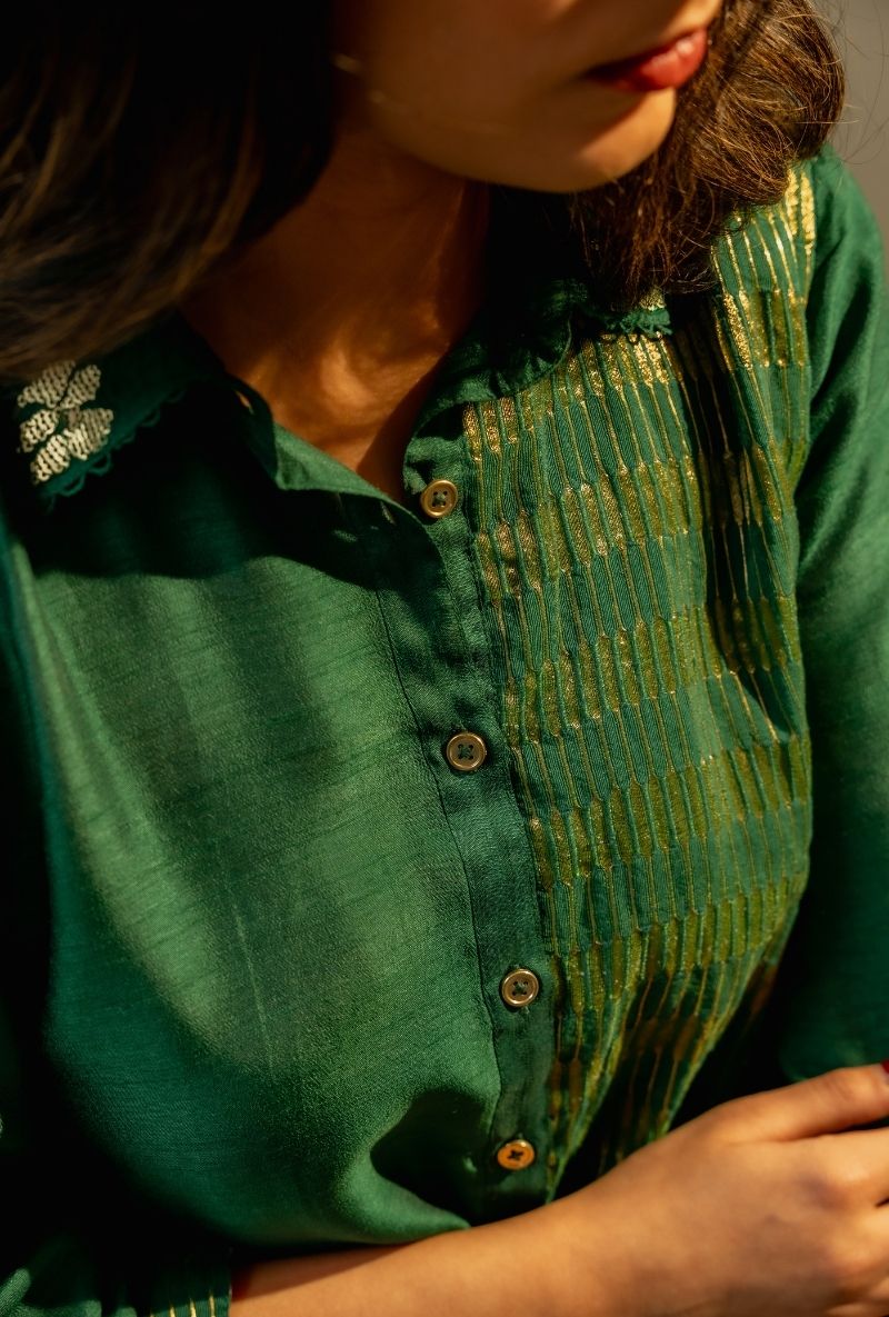 Emerald Green Button Down Shirt Surily Co-Ord  Set