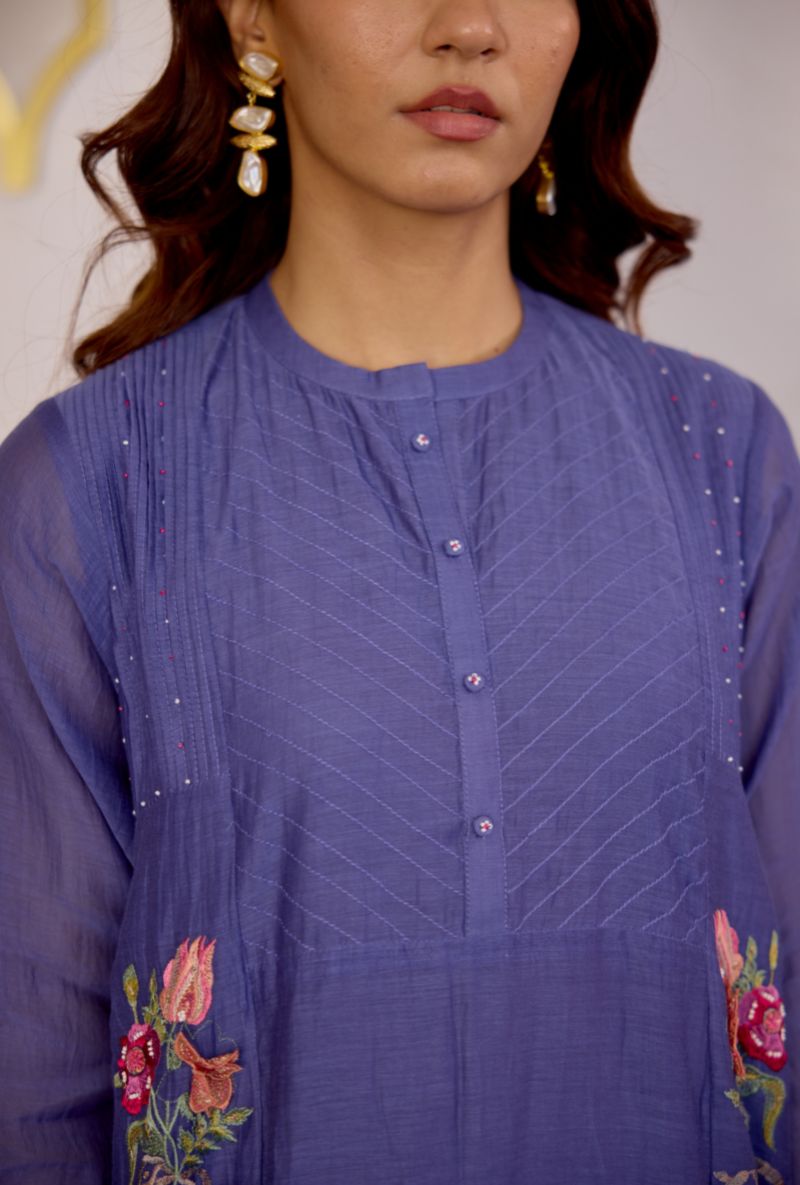Blue Floral Embroidered &amp; Applique Vaidehi Kurta Set