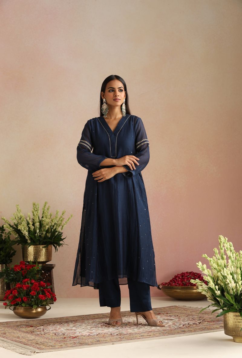Navy Blue Zari Embroidery Itrh Kurta Set