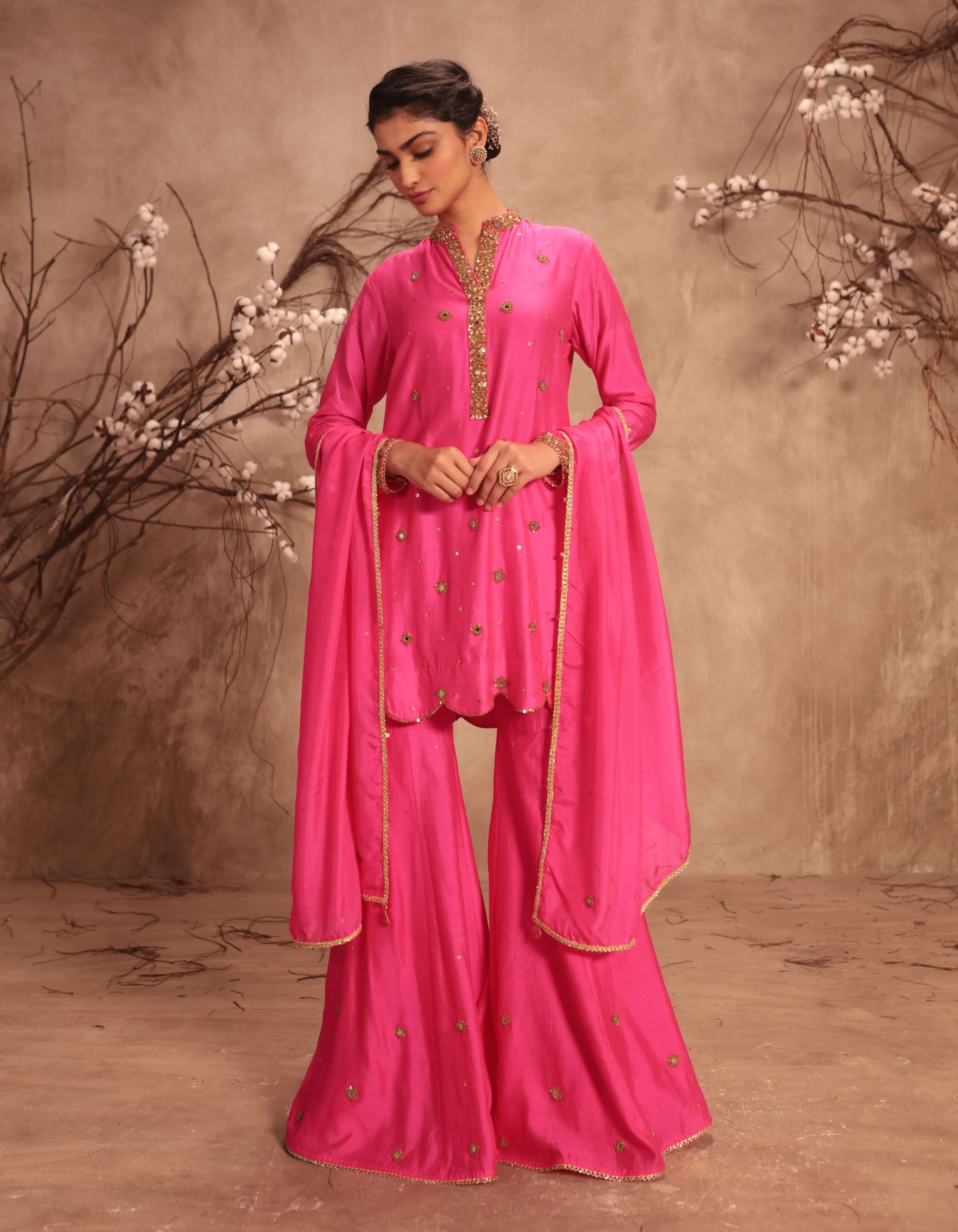 Hot Pink Mirror Work Rani Sharara Set