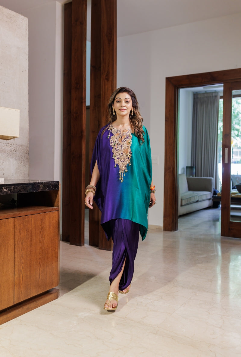 Meghna Nayyar in Purple &amp; Green Ombre Heavy Yoke Drape Dhoti Skirt Set