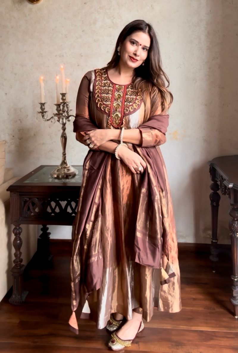 Taanya Hooda in Brown Metallic Zardosi Work Kainaat Anarkali Set