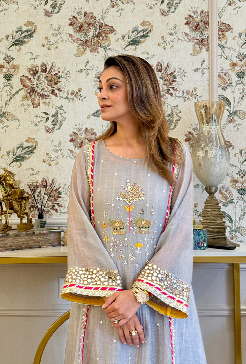Meghna Nayyar in Grey Elephant Motif Morbagh Kurta Set