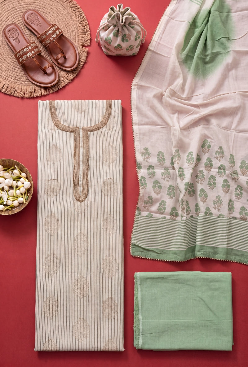 Banarsi Weaving Stripes Block Print Unsitched Suit Set