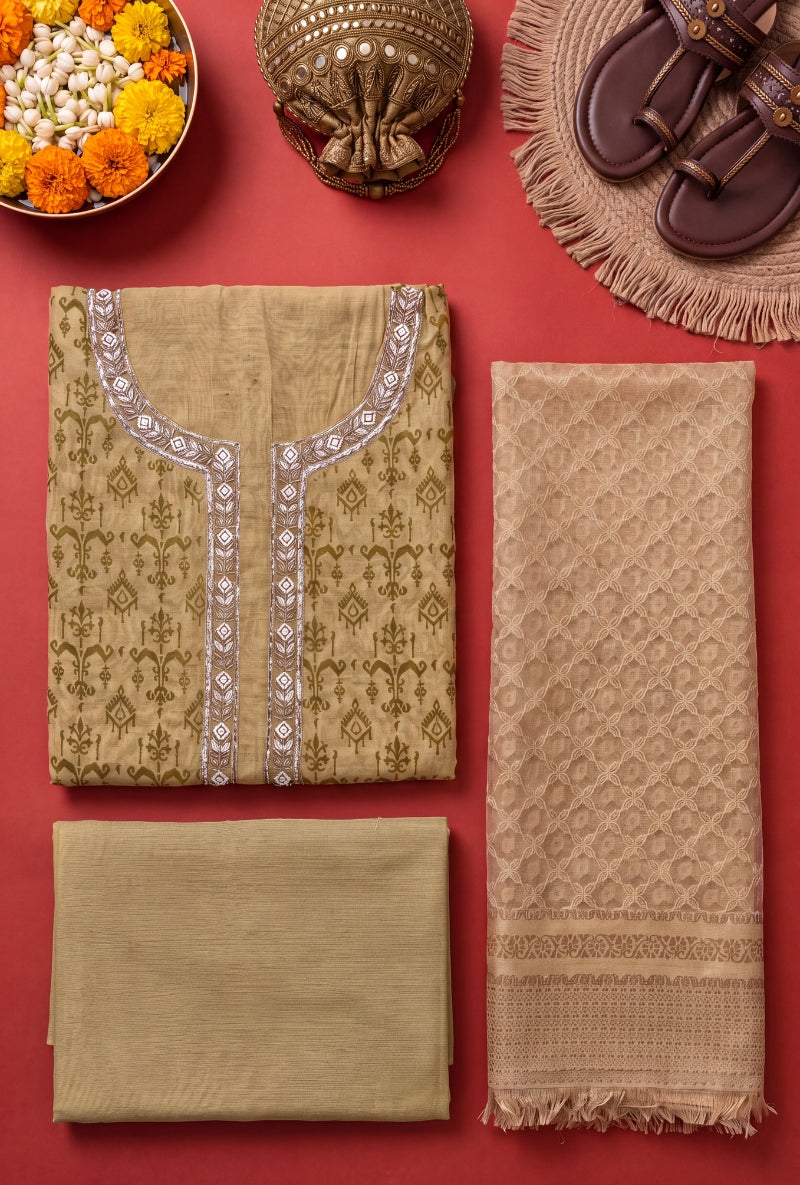 Zari and Moti Neck Block Print Unsitched Suit Set