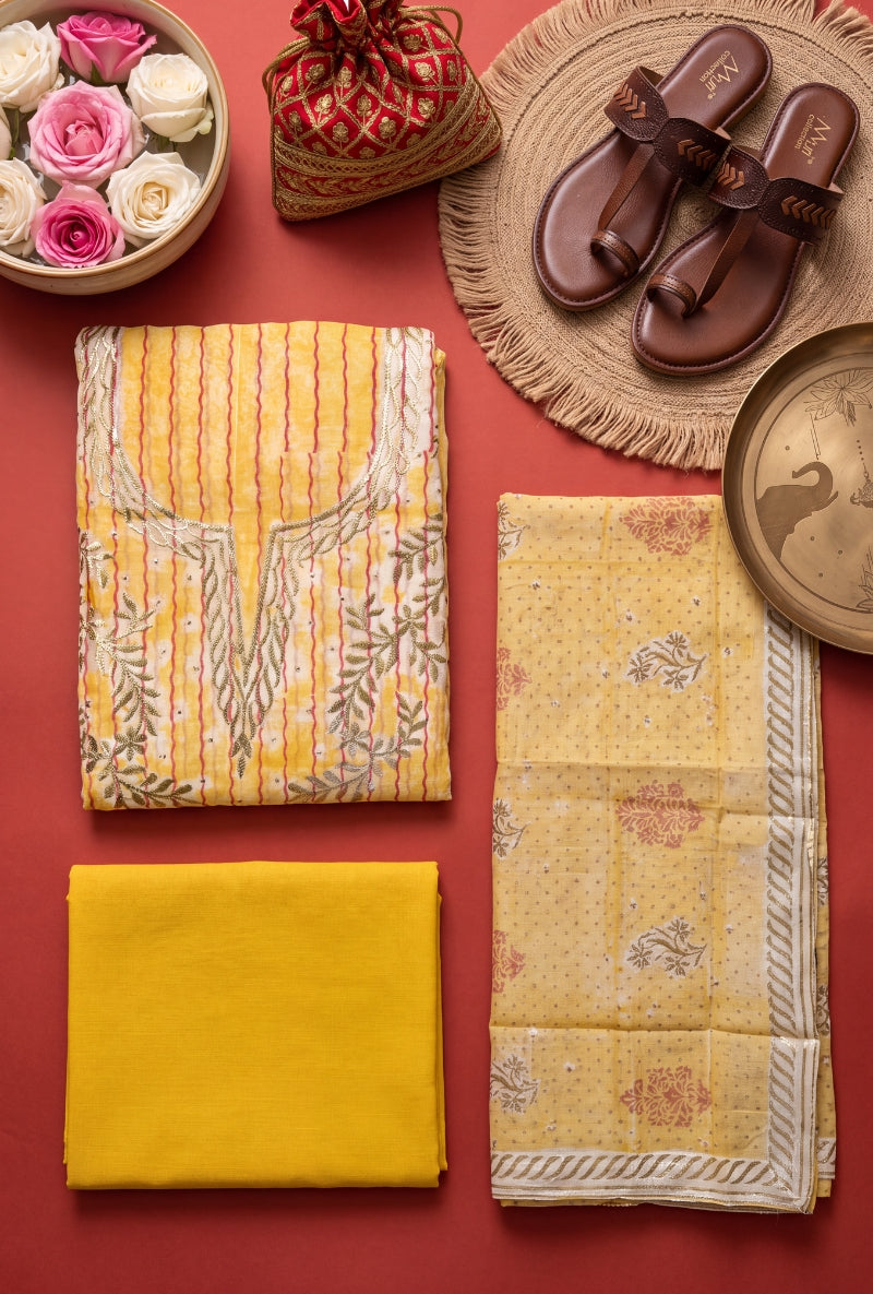 Gota Work Yoke Block Print Unstitched Suit Set
