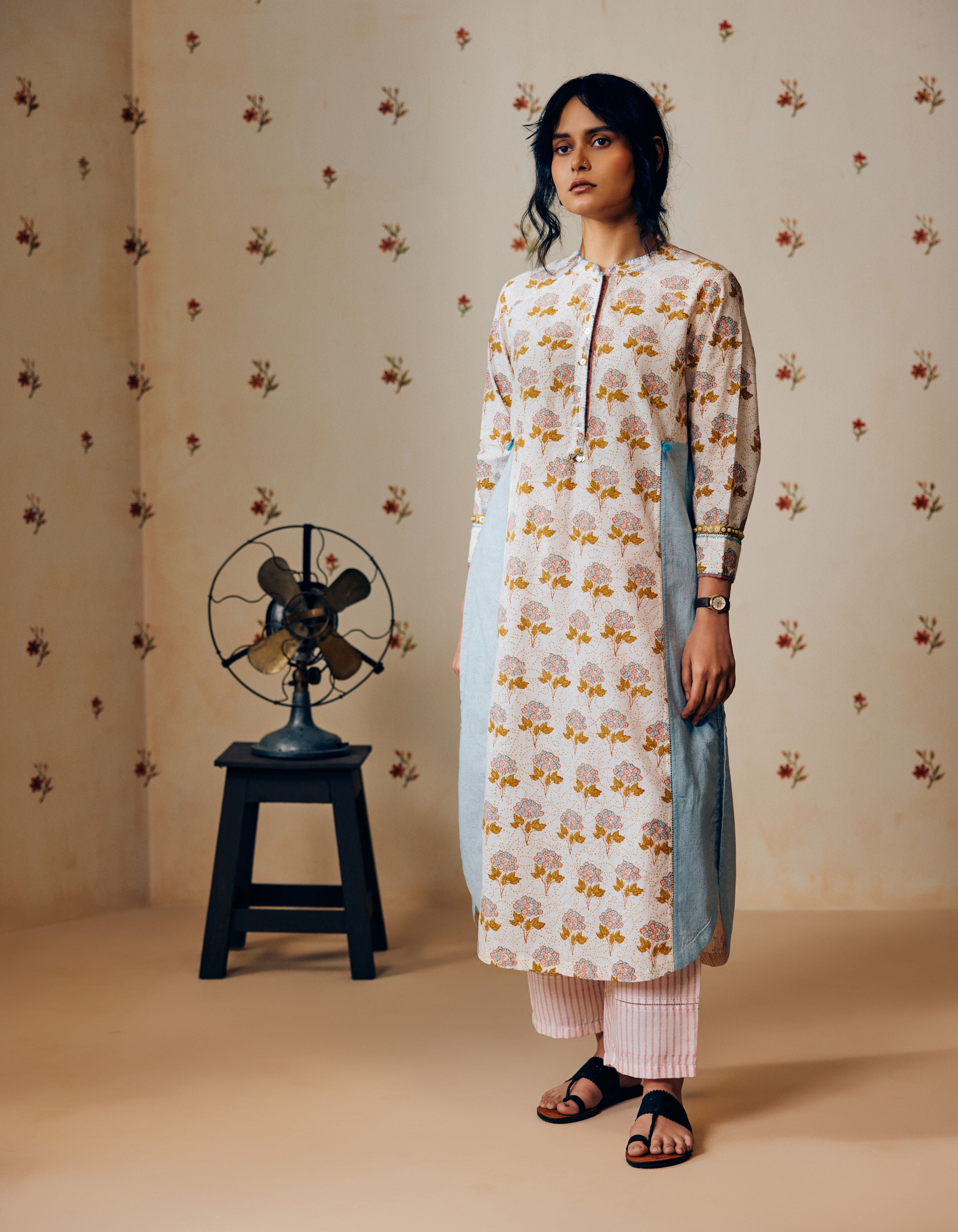 Off White And Powder Blue Mandarin Collar Floral Hand Block Printed Mia Kurta Set