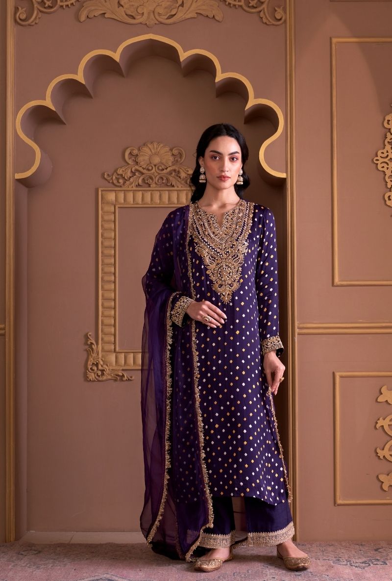 Purple Bandhej Rasia Kurta Set