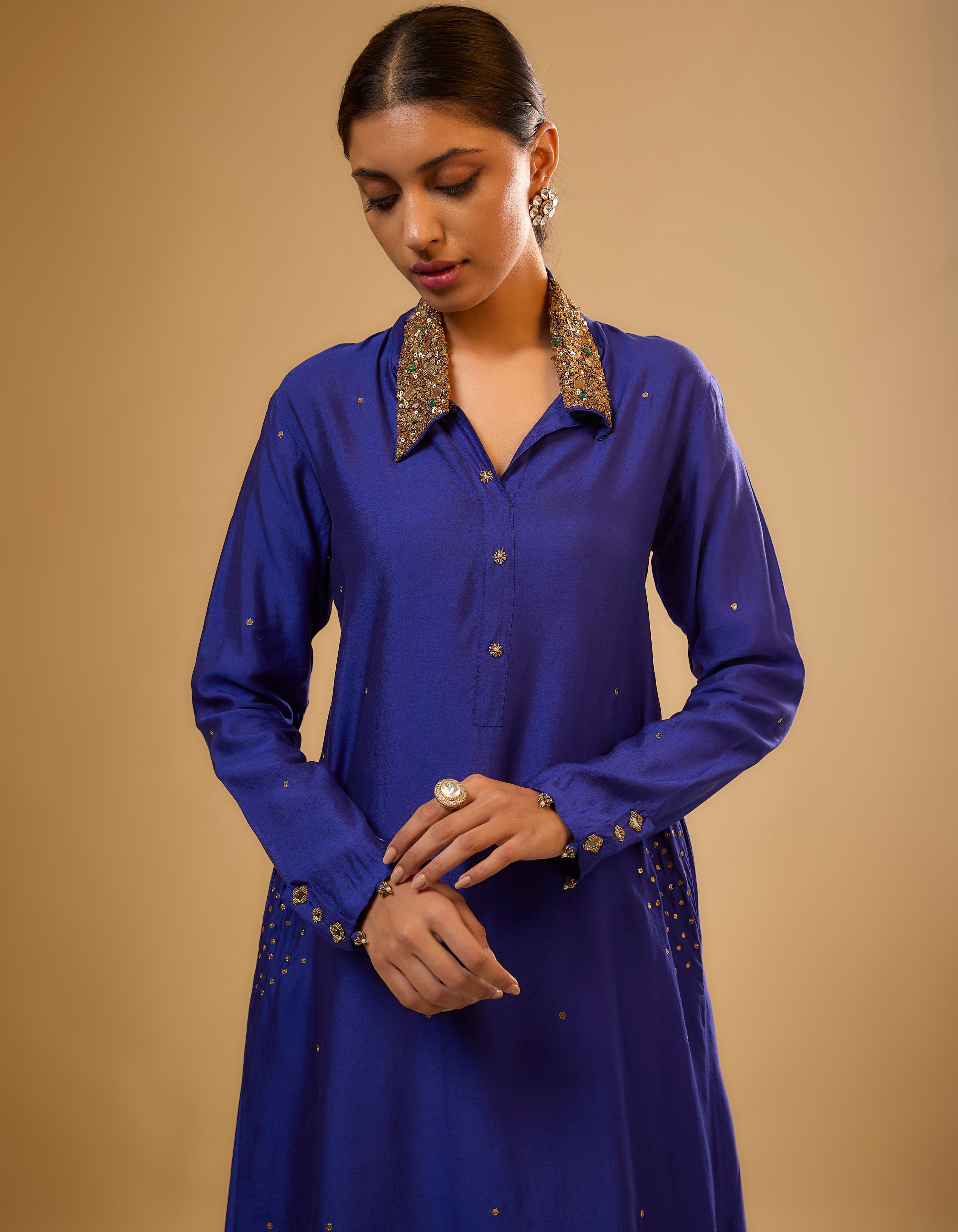 Indigo Heavy Collar Rani Kurta Set
