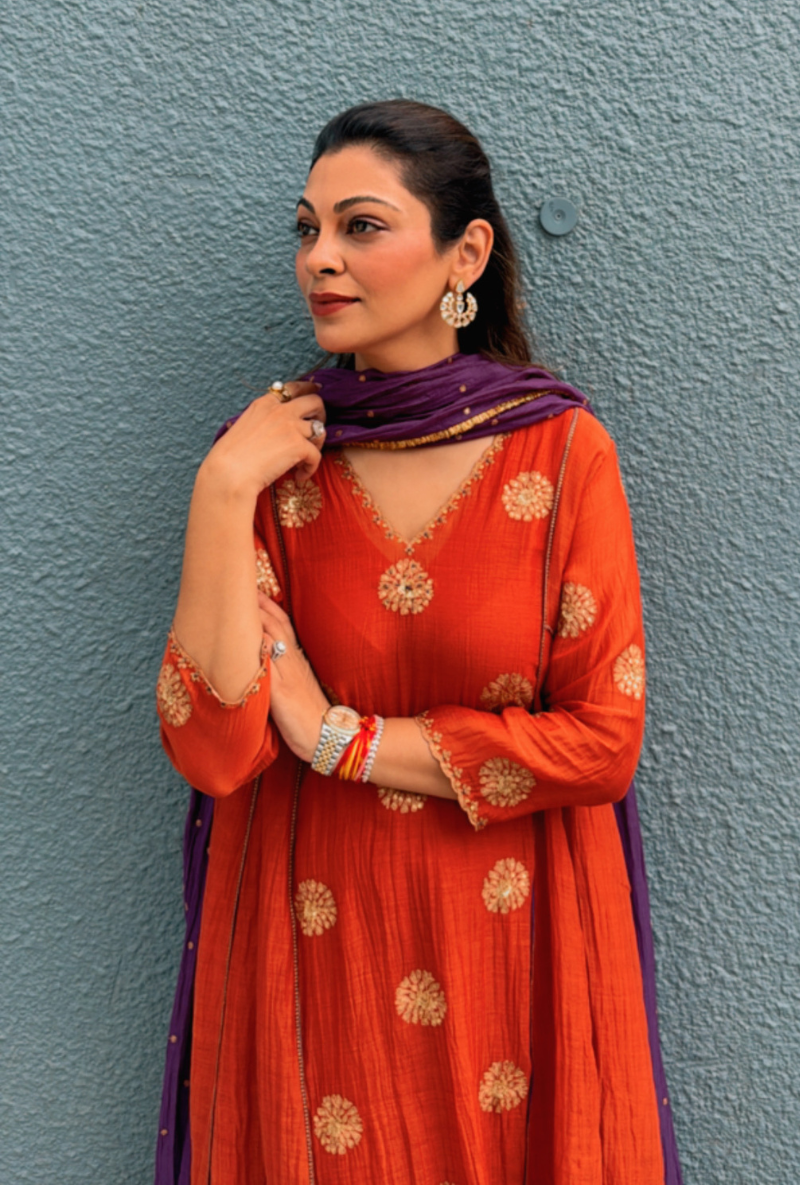 Meghna Nayyar in Rust Arka Motif Kurta Set