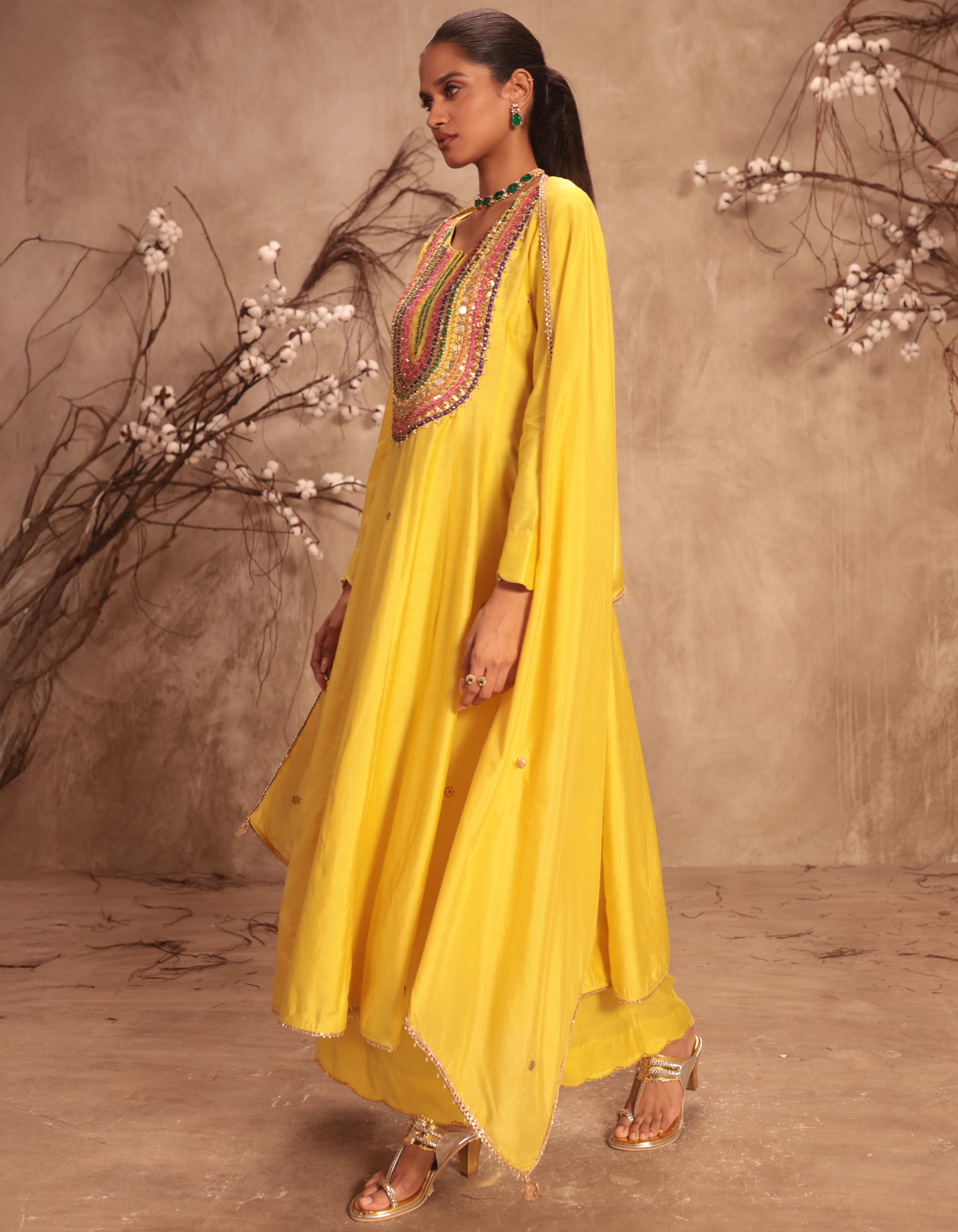 Yellow Multicolour Yoke Rani Anarkali Set