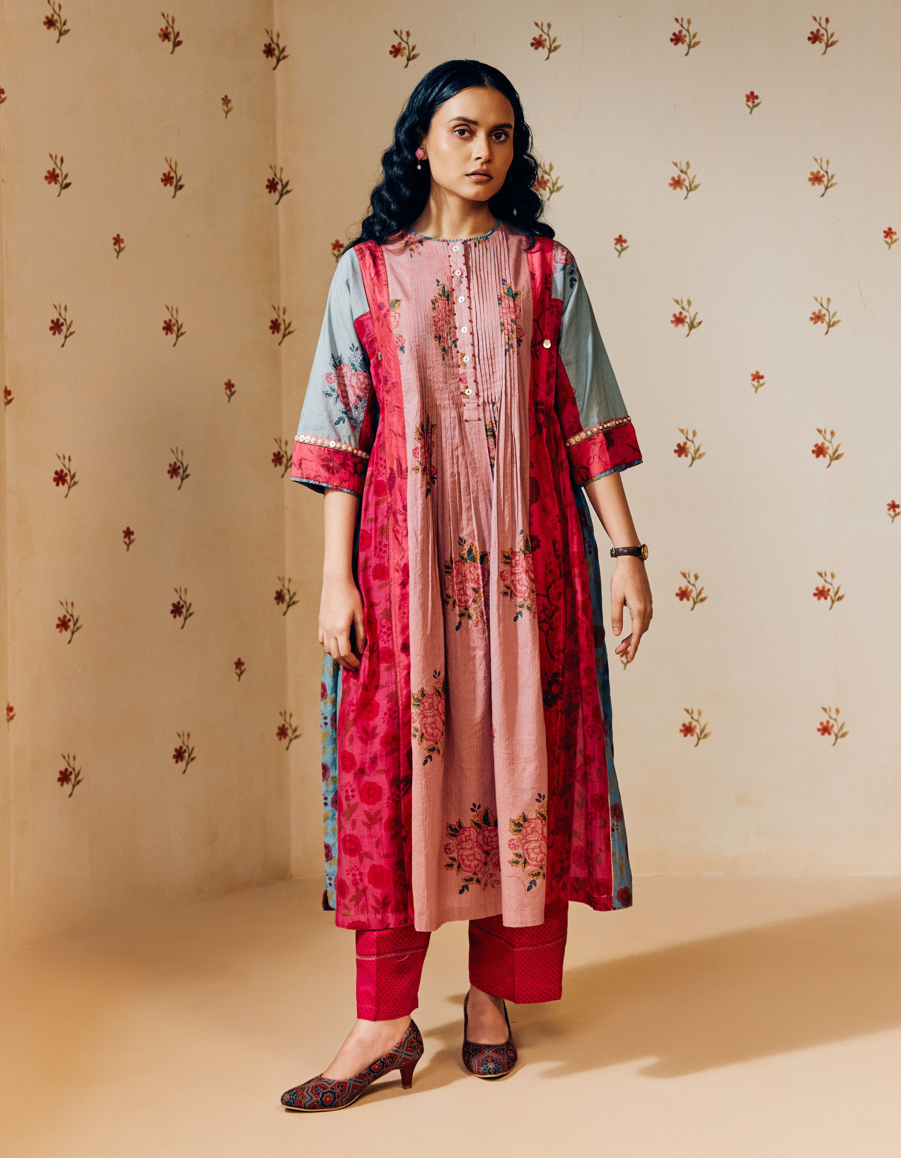 Old Rose Hand Block Printed Multi Panel Mia Kurta Set