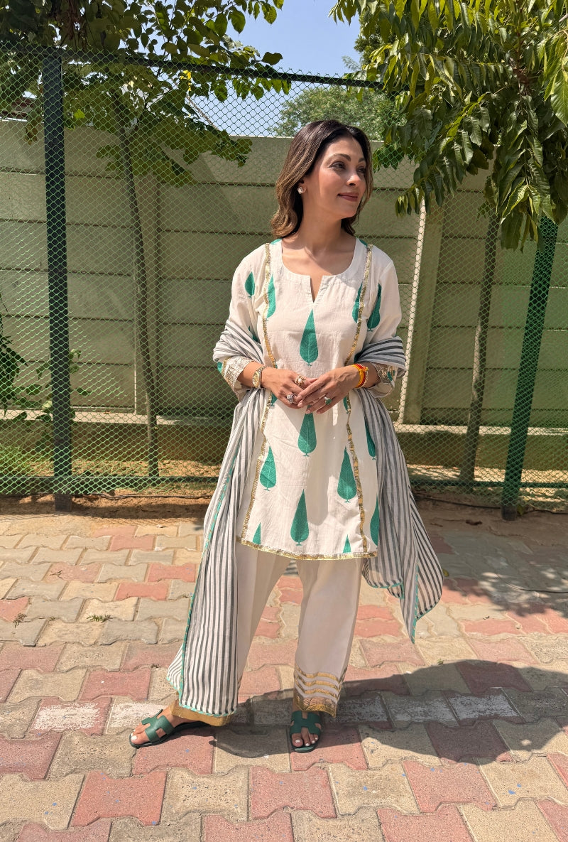 Meghna Nayyar in Cypress Leaf Hand Block Print Farshi Set